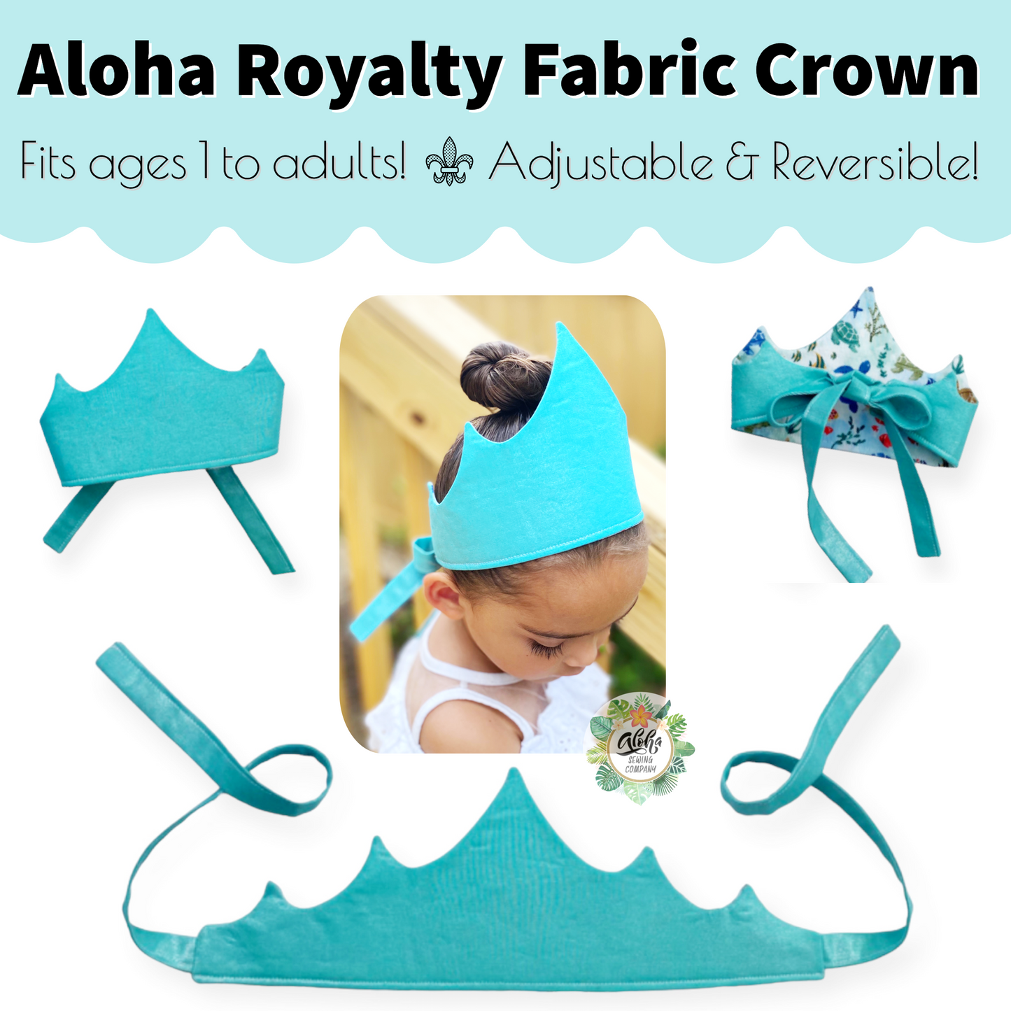 How to sew easy beginners DIY fabric crowns for birthday party favors, princess or prince, king or queen fabric crowns collection by aloha sewing company. Tutorial video and printable sewing pattern included. Great Halloween or Renaissance crowns to sew.