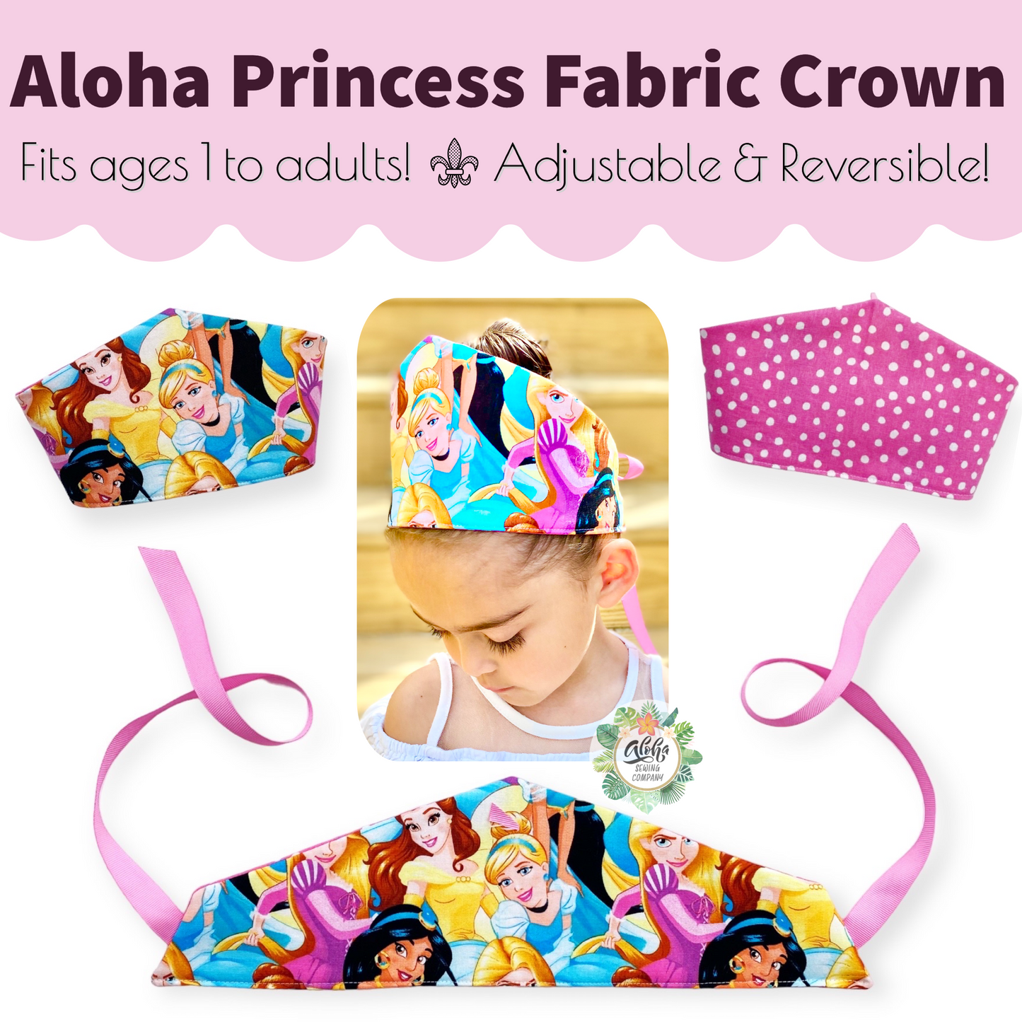 How to sew easy beginners DIY fabric crowns for birthday party favors, princess or prince, king or queen fabric crowns collection by aloha sewing company. Tutorial video and printable sewing pattern included. Great Halloween or Renaissance crowns to sew.