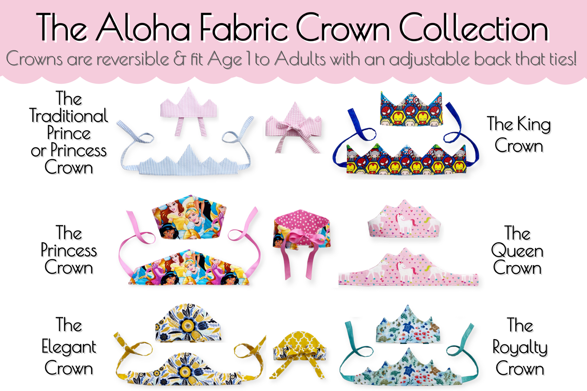 How to sew easy beginners DIY fabric crowns for birthday party favors, princess or prince, king or queen fabric crowns collection by aloha sewing company. Tutorial video and printable sewing pattern included. Great Halloween or Renaissance crowns to sew.