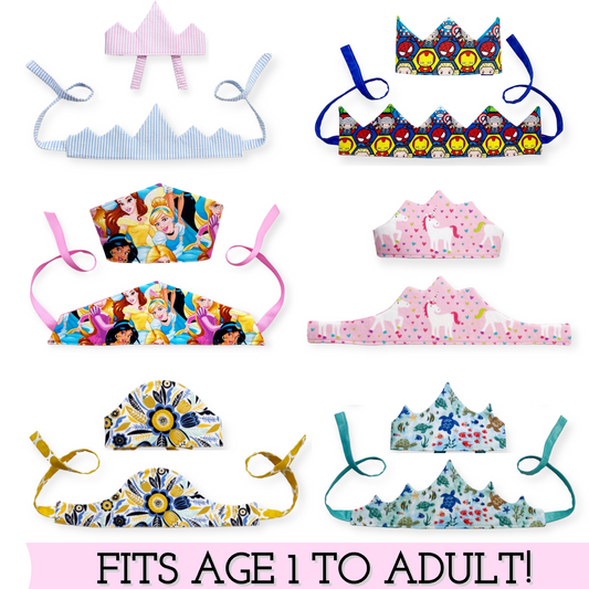 How to sew easy beginners DIY fabric crowns for birthday party favors, princess or prince, king or queen fabric crowns collection by aloha sewing company. Tutorial video and printable sewing pattern included. Great Halloween or Renaissance crowns to sew.