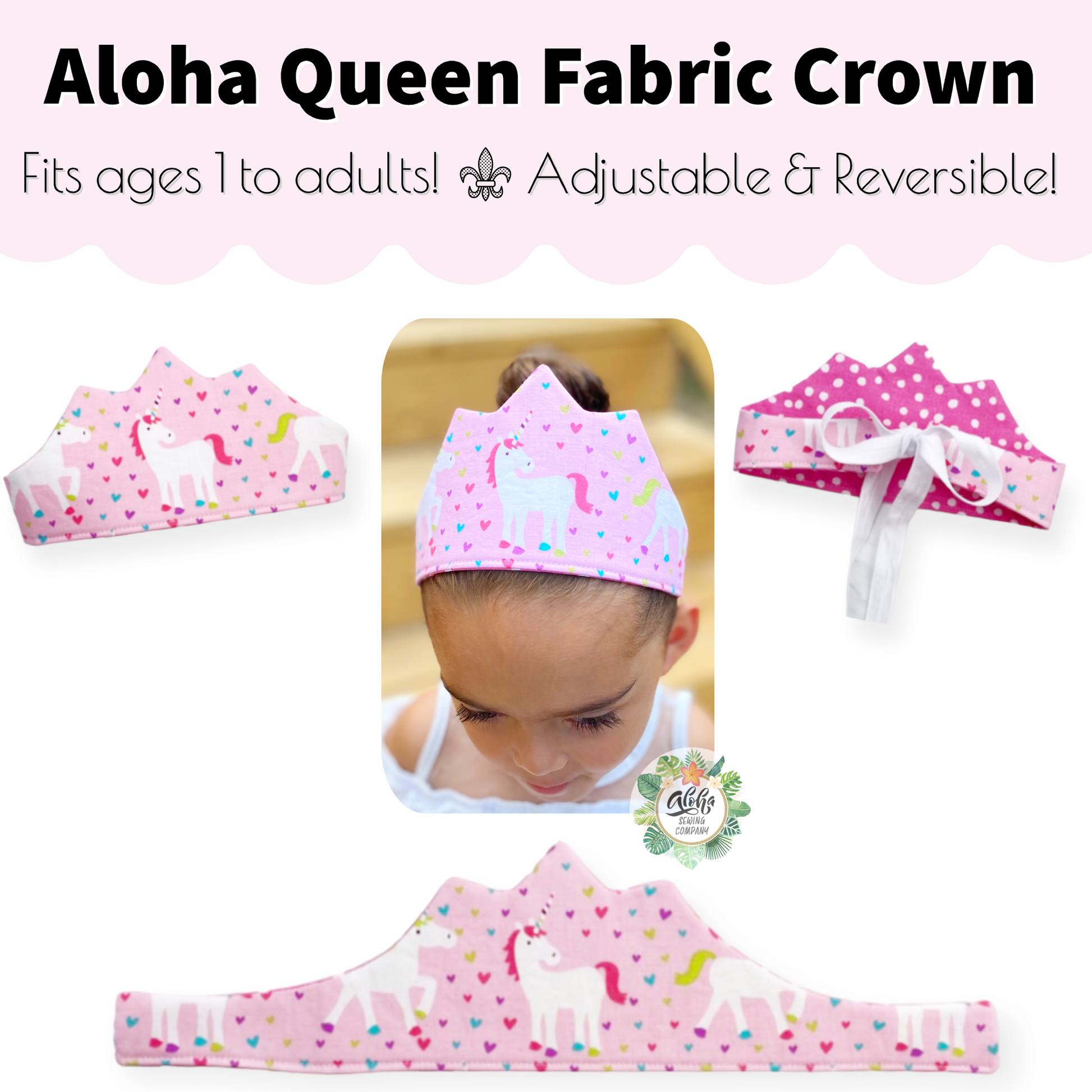 How to sew easy beginners DIY fabric crowns for birthday party favors, princess or prince, king or queen fabric crowns collection by aloha sewing company. Tutorial video and printable sewing pattern included. Great Halloween or Renaissance crowns to sew.