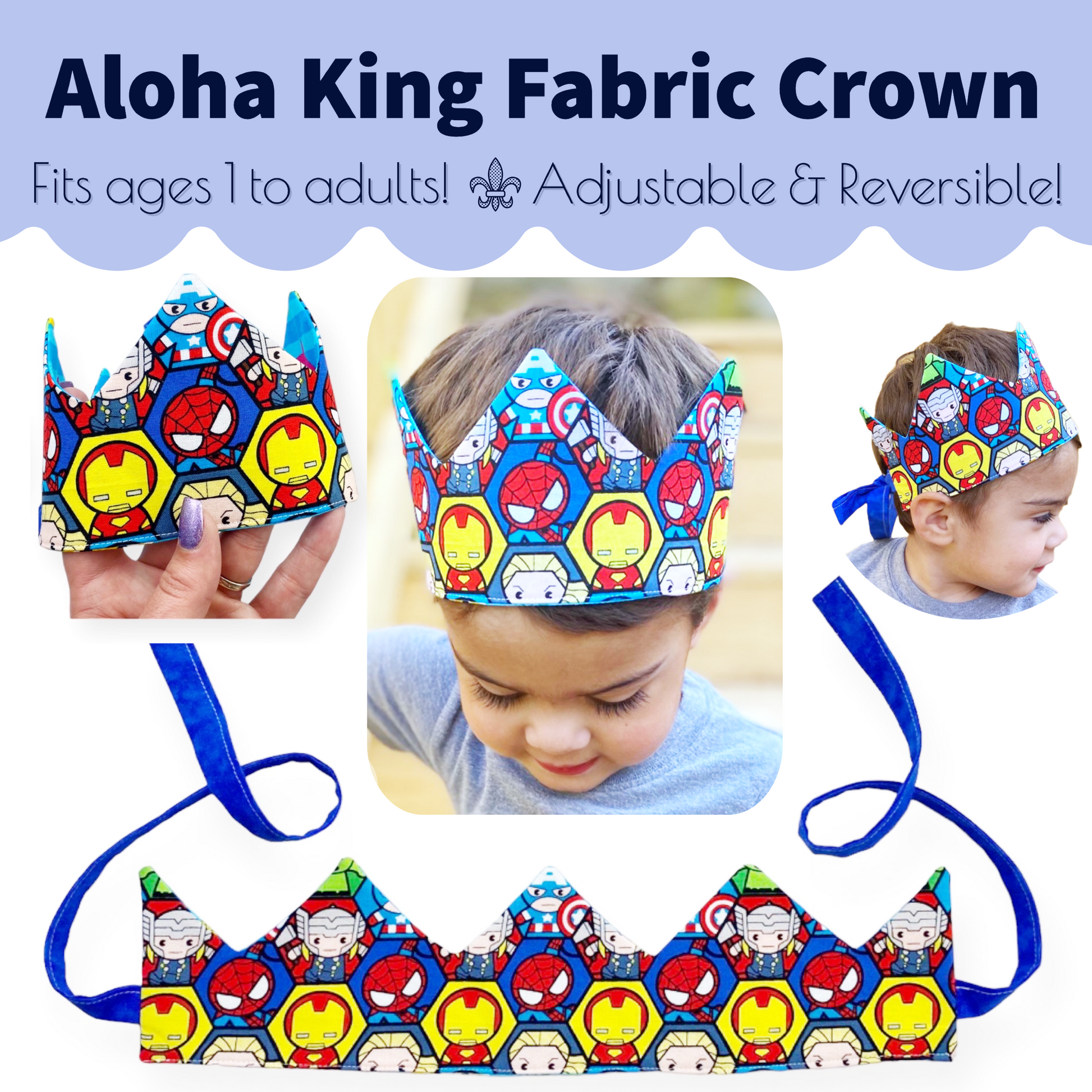 How to sew easy beginners DIY fabric crowns for birthday party favors, princess or prince, king or queen fabric crowns collection by aloha sewing company. Tutorial video and printable sewing pattern included. Great Halloween or Renaissance crowns to sew.