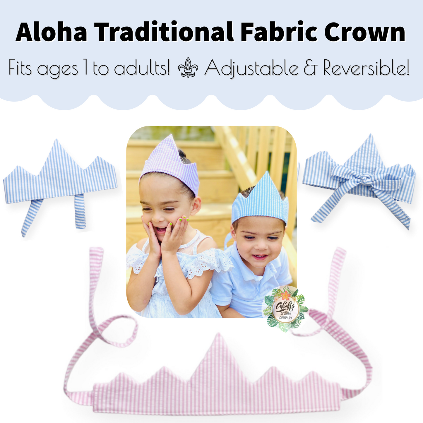 How to sew easy beginners DIY fabric crowns for birthday party favors, princess or prince, king or queen fabric crowns collection by aloha sewing company. Tutorial video and printable sewing pattern included. Great Halloween or Renaissance crowns to sew.