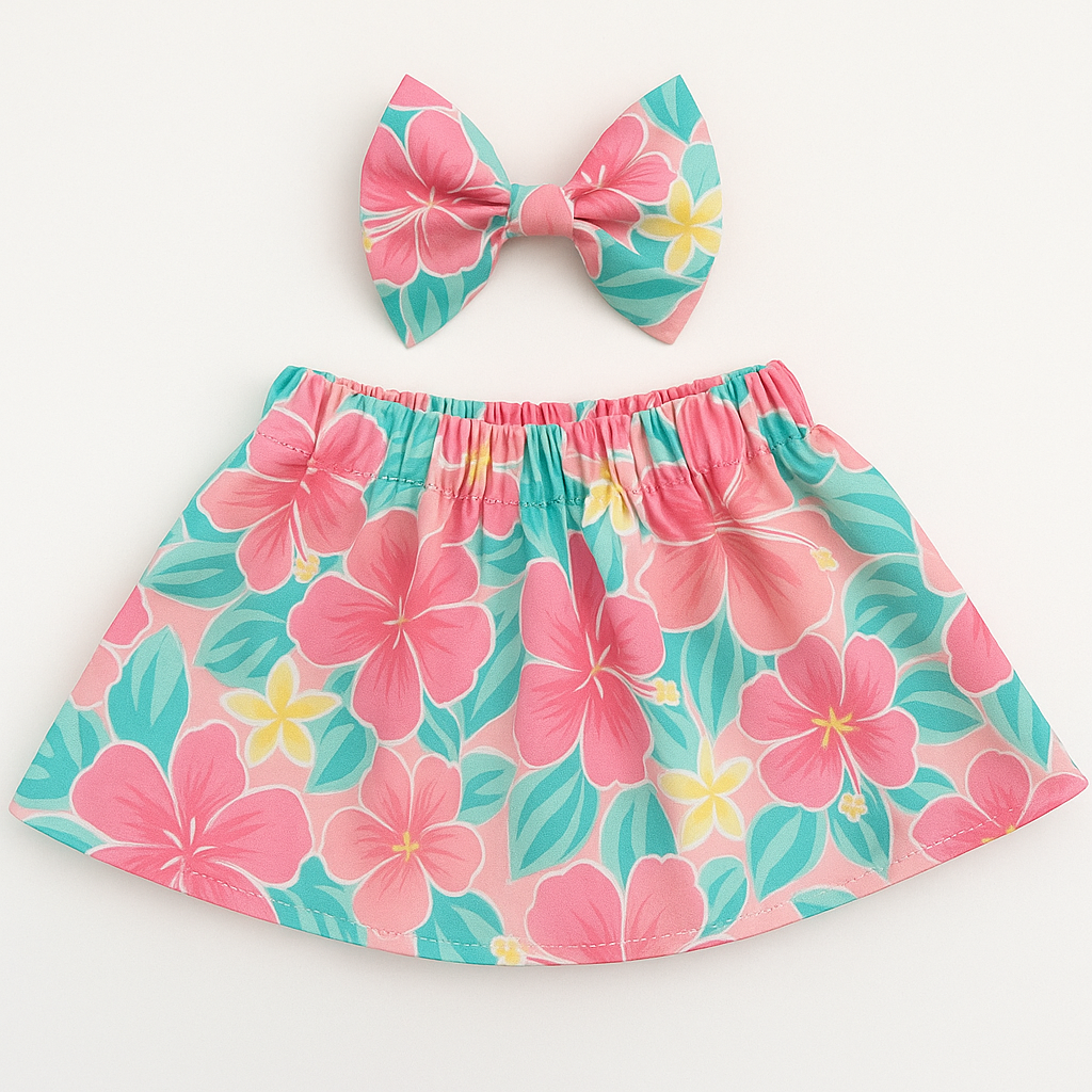 Easy sewing pattern for a baby and children’s skirt with a matching fabric hair bow. Beginner-friendly PDF download perfect for handmade gifts or dress-up. Aloha sewing company
