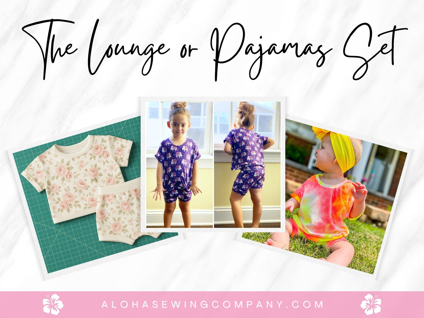 Child modeling a handmade kids summer lounge set with floral print, featuring matching t-shirt and shorts sewn from a beginner-friendly PDF sewing pattern – perfect for boys or girls. Aloha sewing company