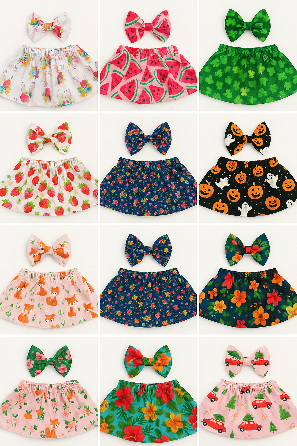 Easy sewing pattern for a baby and children’s skirt with a matching fabric hair bow. Beginner-friendly PDF download perfect for handmade gifts or dress-up.