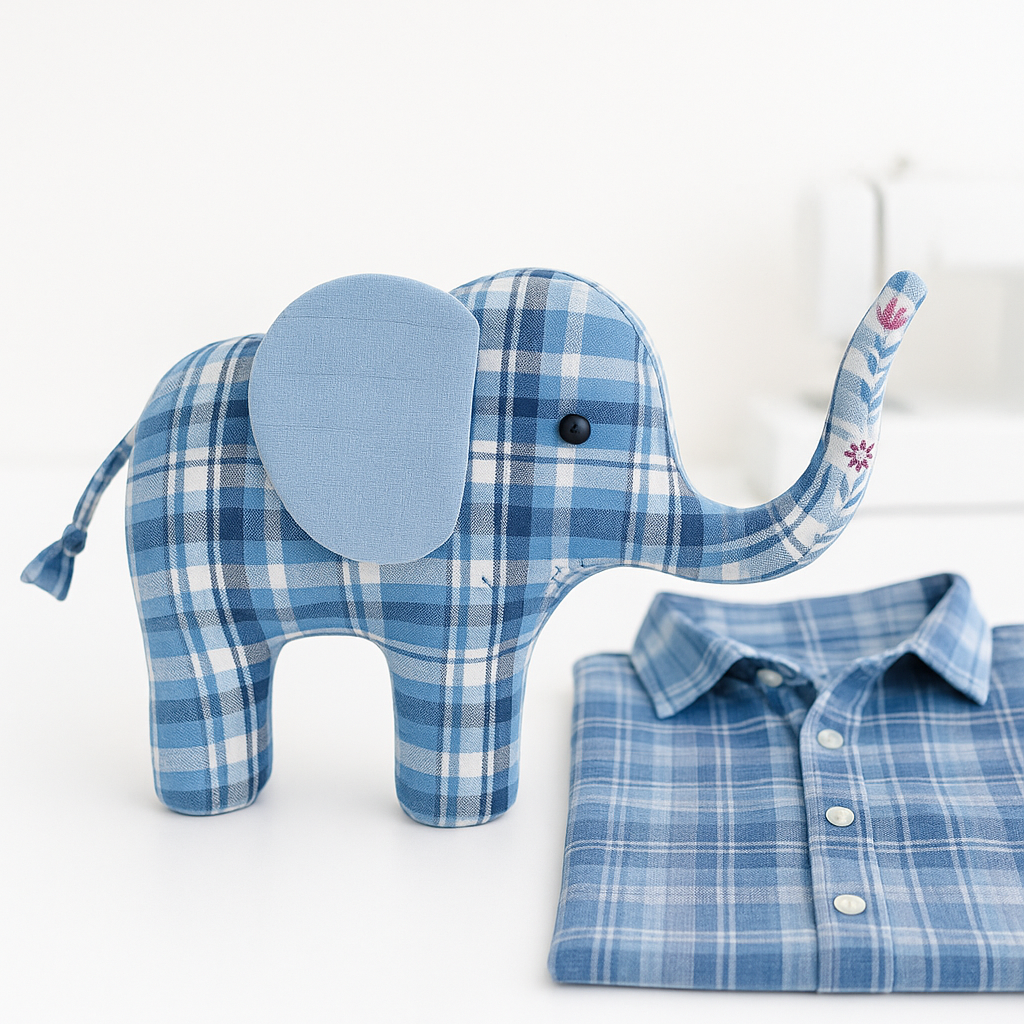 Handmade memory elephant plush stuffed animal sewn from loved ones clothing using PDF sewing pattern – keepsake gift for babies, kids, or memoria, mom, dad, grandma, grandpa, grandparent, sibling, son, daughter, babies, loss, sewing tutorial video, instructions