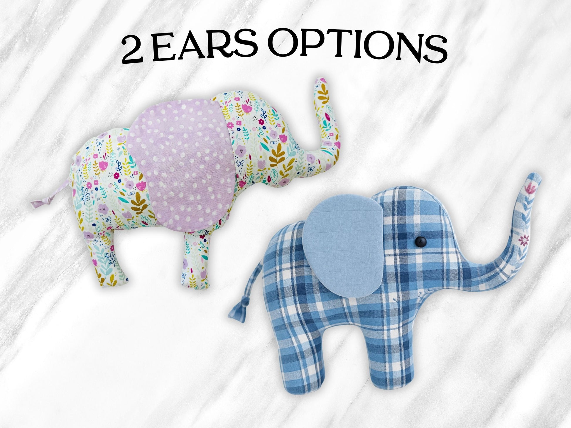 Two elephant plush toys with floral and plaid patterns on a white background. Handmade memory elephant plush stuffed animal sewn from loved ones clothing using PDF sewing pattern – keepsake gift for babies, kids, or memoria, mom, dad, grandma, grandpa, grandparent, sibling, son, daughter, babies, loss, sewing tutorial video, instructions
