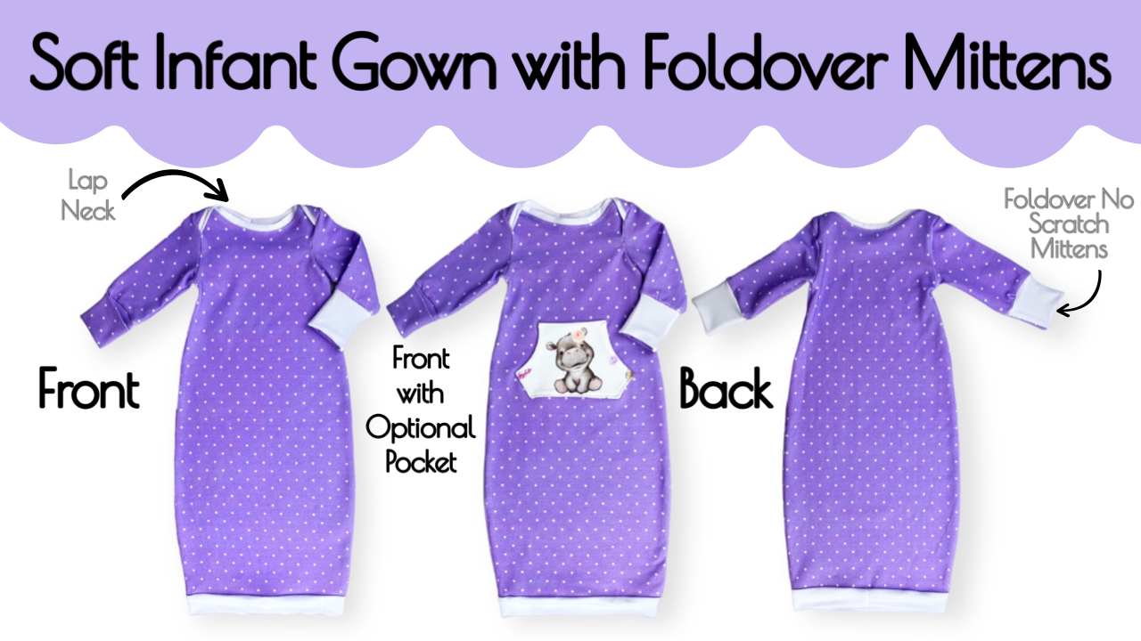 newborn baby gown sewing pattern with no scratch mittens, pdf printable aloha sewing company tutorial video
