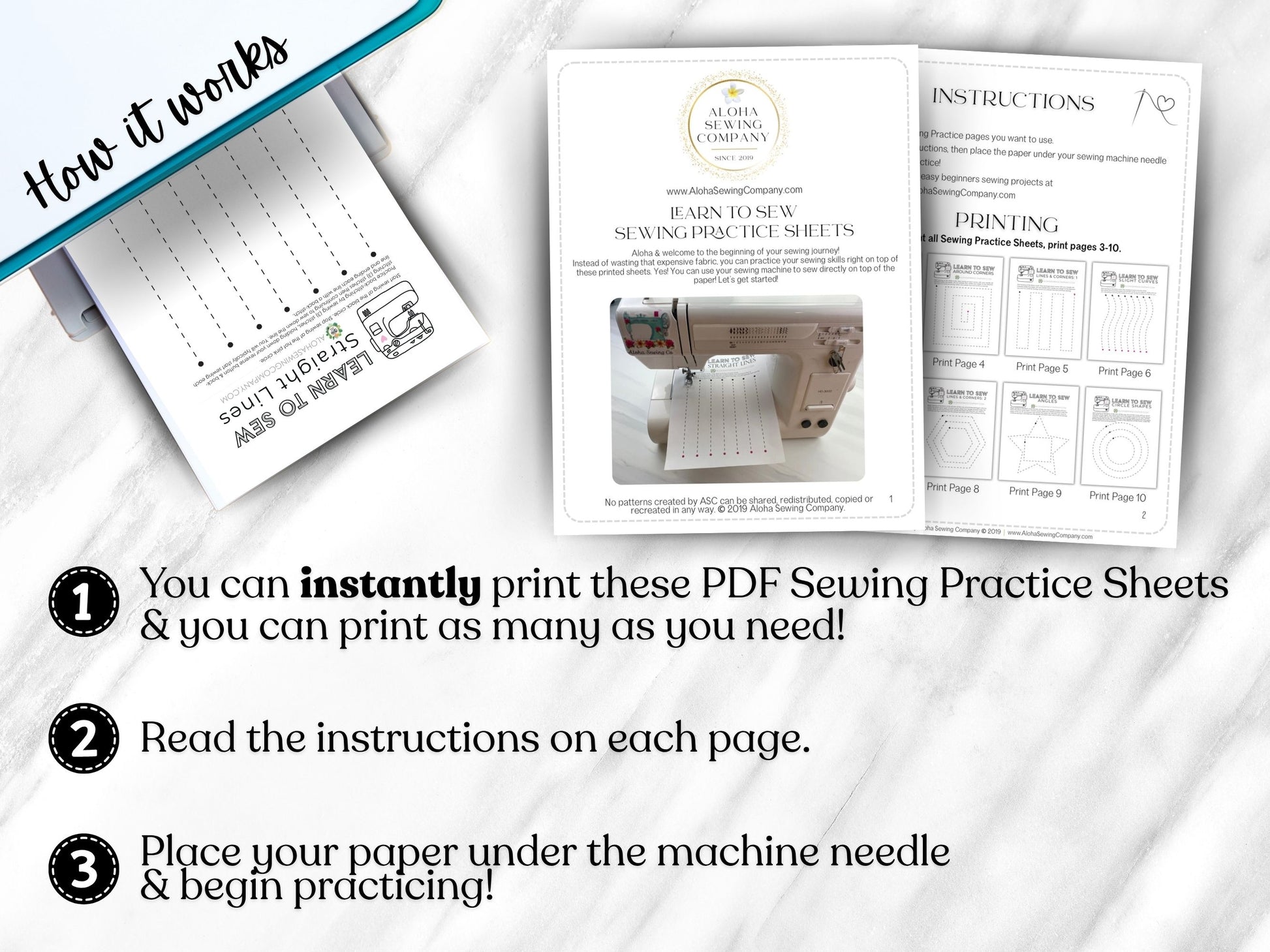 Printable sewing practice sheets for beginners – learn to sew straight lines, curves, and shapes using PDF worksheets and a sewing machine