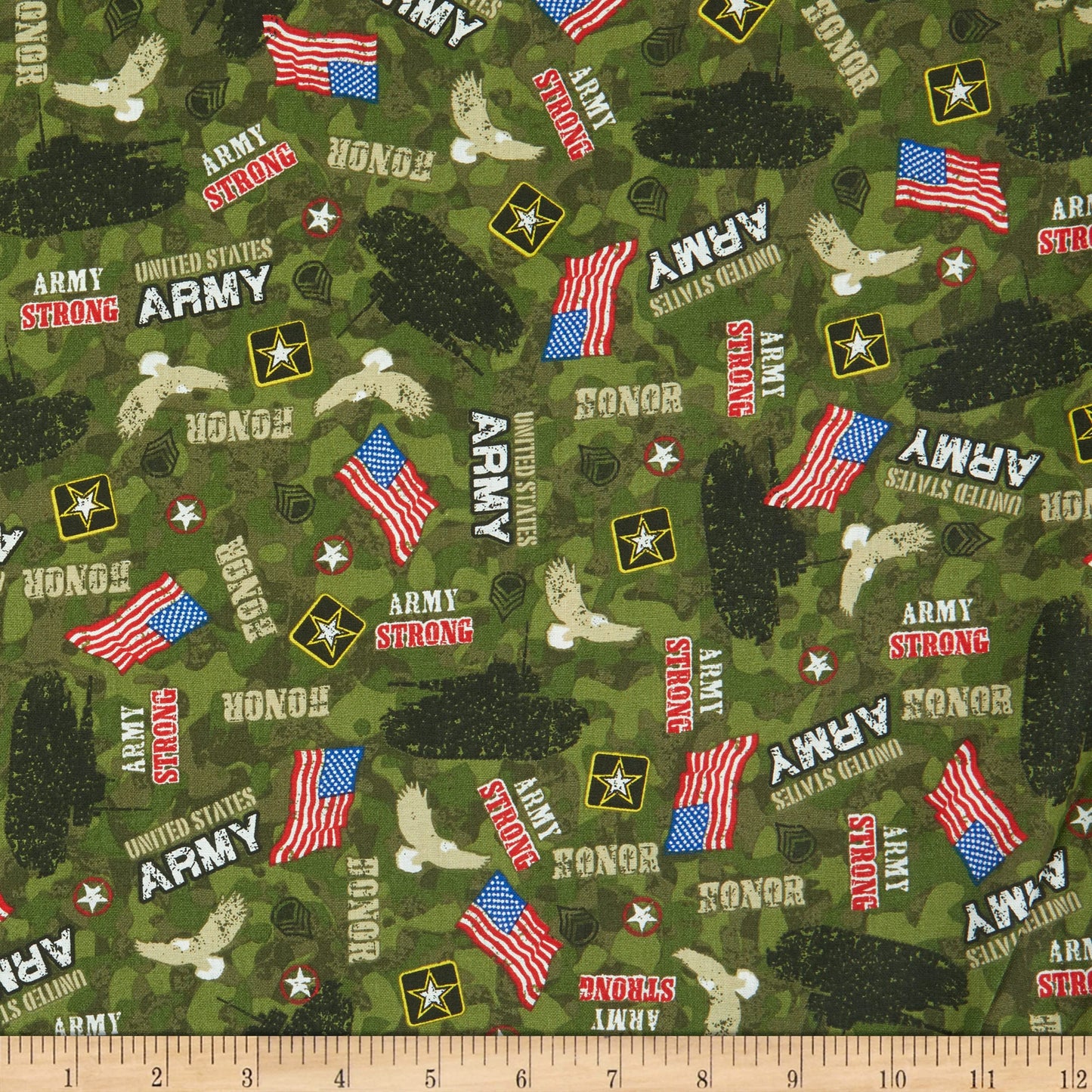 Army Green with US Flags | 100% Cotton Fabric