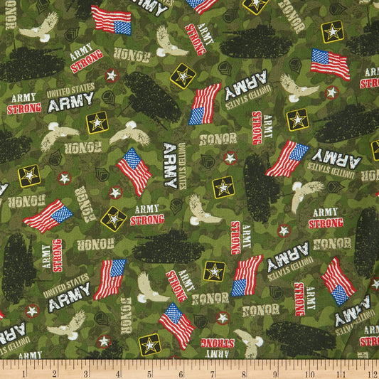 Army Green with US Flags | 100% Cotton Fabric