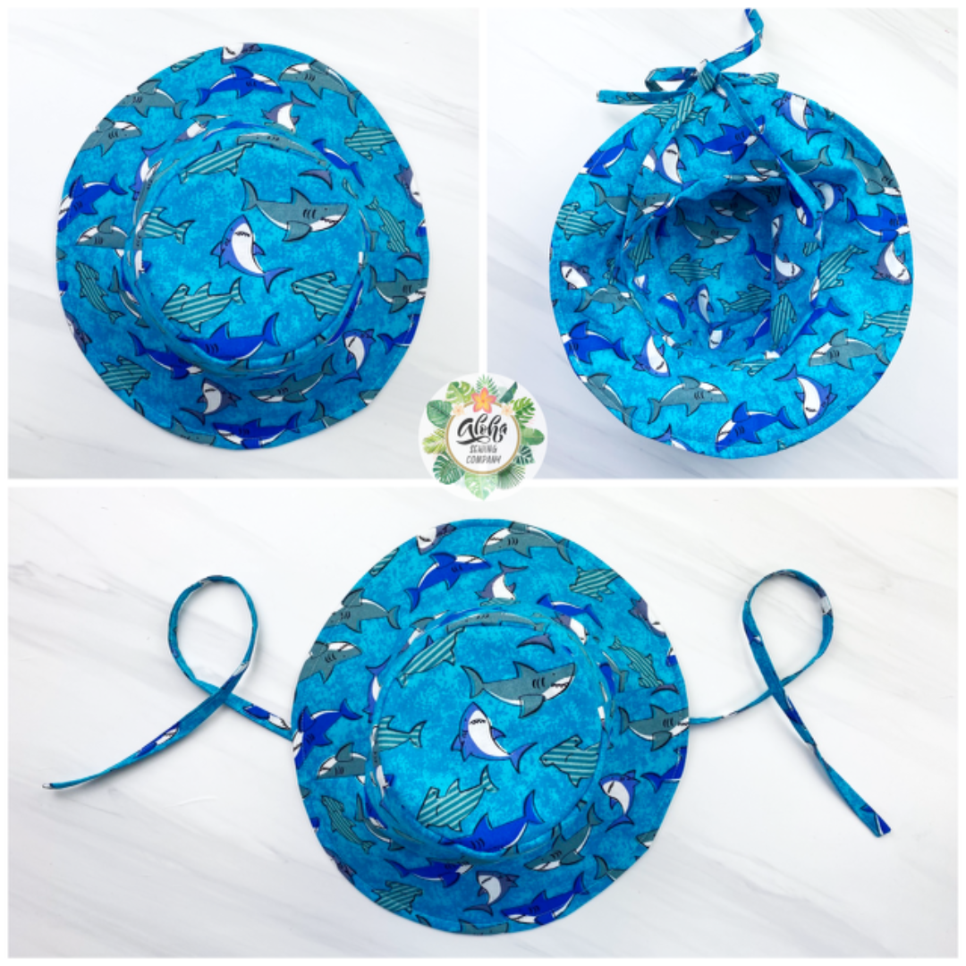 Easy bucket sun hat sewing pattern, diy babies bucket hat with straps, chin ties, toddler bucket hat, how to sew a bucket hat for girls or boys by aloha sewing company. Easy DIY sewing tutorial video and printable pattern.