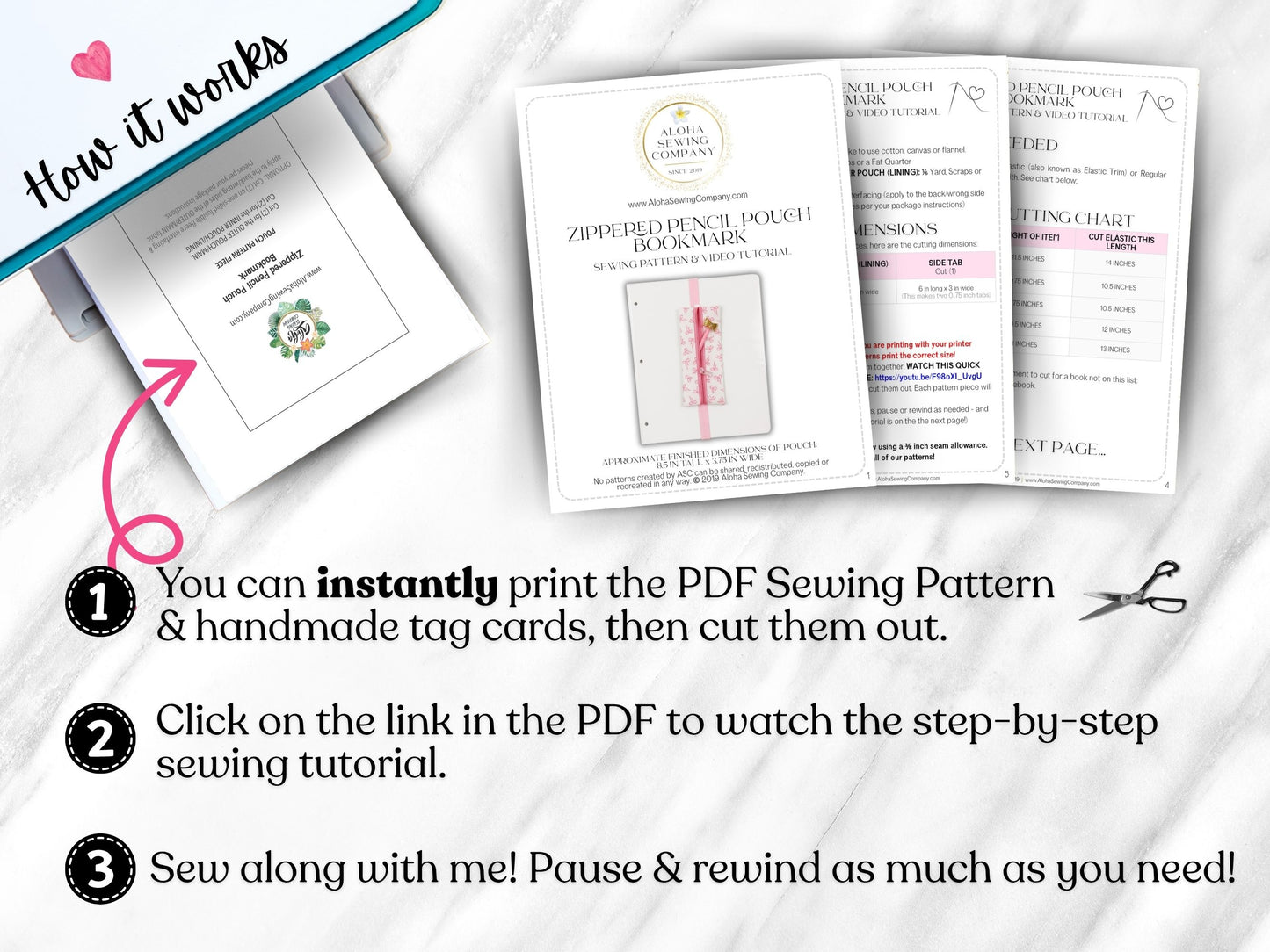 Beginner-friendly sewing pattern for a pink zippered pencil pouch with elastic, shown wrapped around school notebooks and a binder—perfect back-to-school supply case for pens, markers, and glue stick, aloha sewing company, bookmark, sewing tutorial video