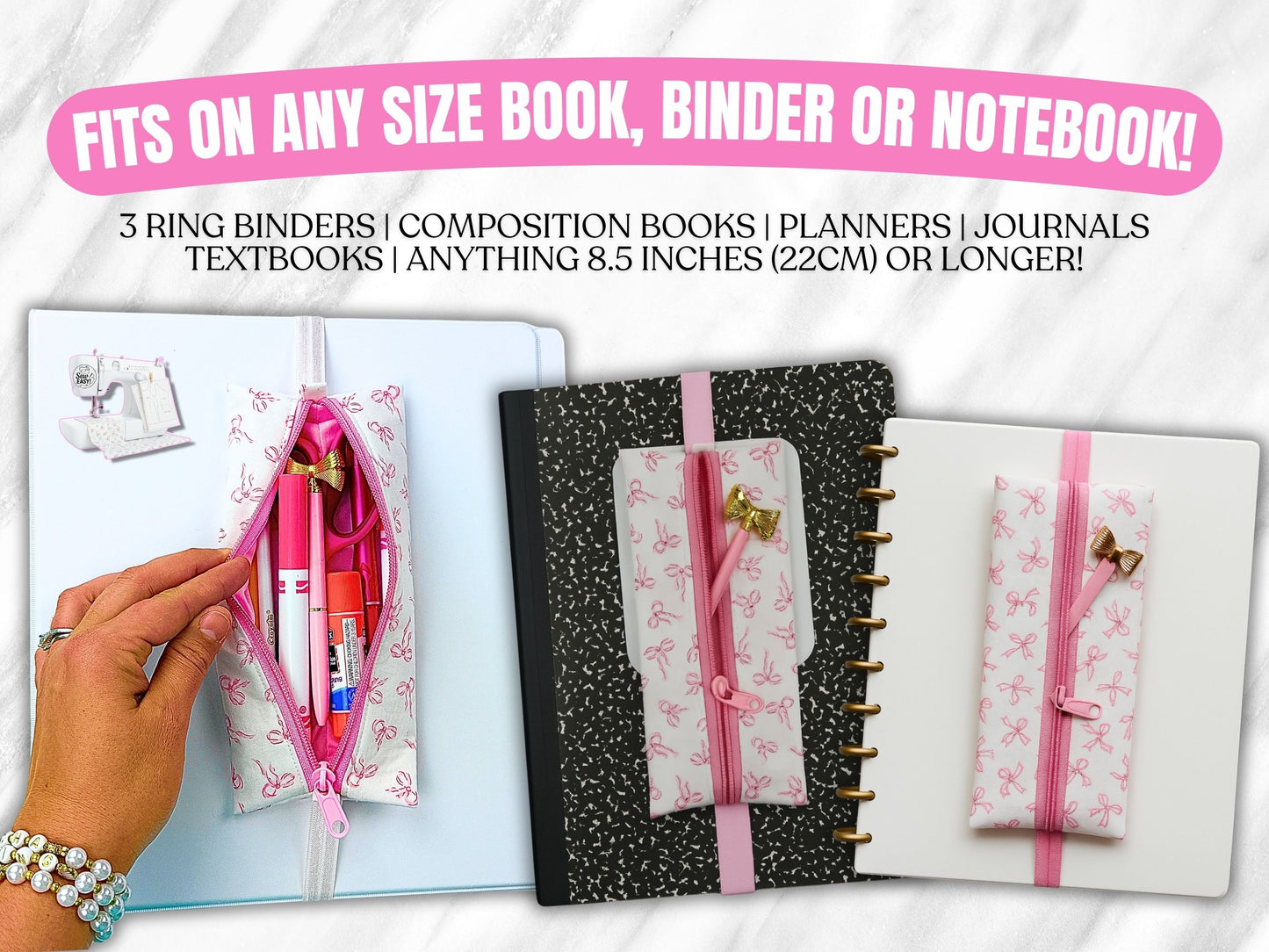 Beginner-friendly sewing pattern for a pink zippered pencil pouch with elastic, shown wrapped around school notebooks and a binder—perfect back-to-school supply case for pens, markers, and glue stick, aloha sewing company, bookmark, sewing tutorial video