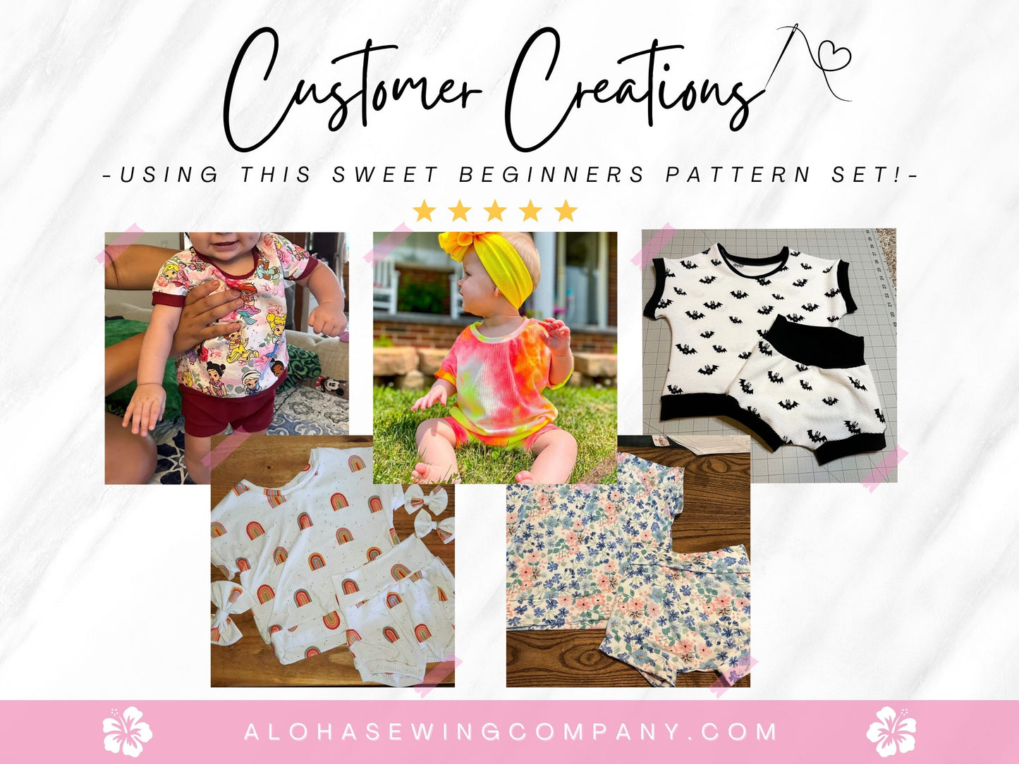 Child modeling a handmade kids summer lounge set with floral print, featuring matching t-shirt and shorts sewn from a beginner-friendly PDF sewing pattern – perfect for boys or girls. Aloha sewing company. Sewing with knit fabric. Serger.