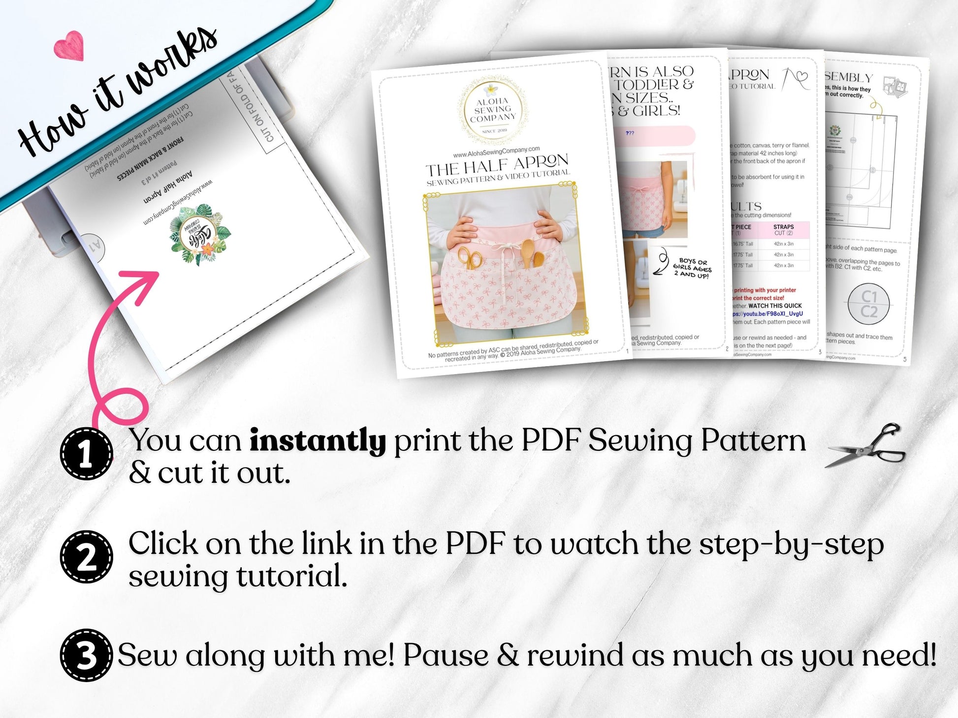 Pink and white half apron with bow print, handmade for kids, shown flat with sewing tools in pocket, cooking utensils in pocket, pdf sewing pattern for apron, easy gift to sew