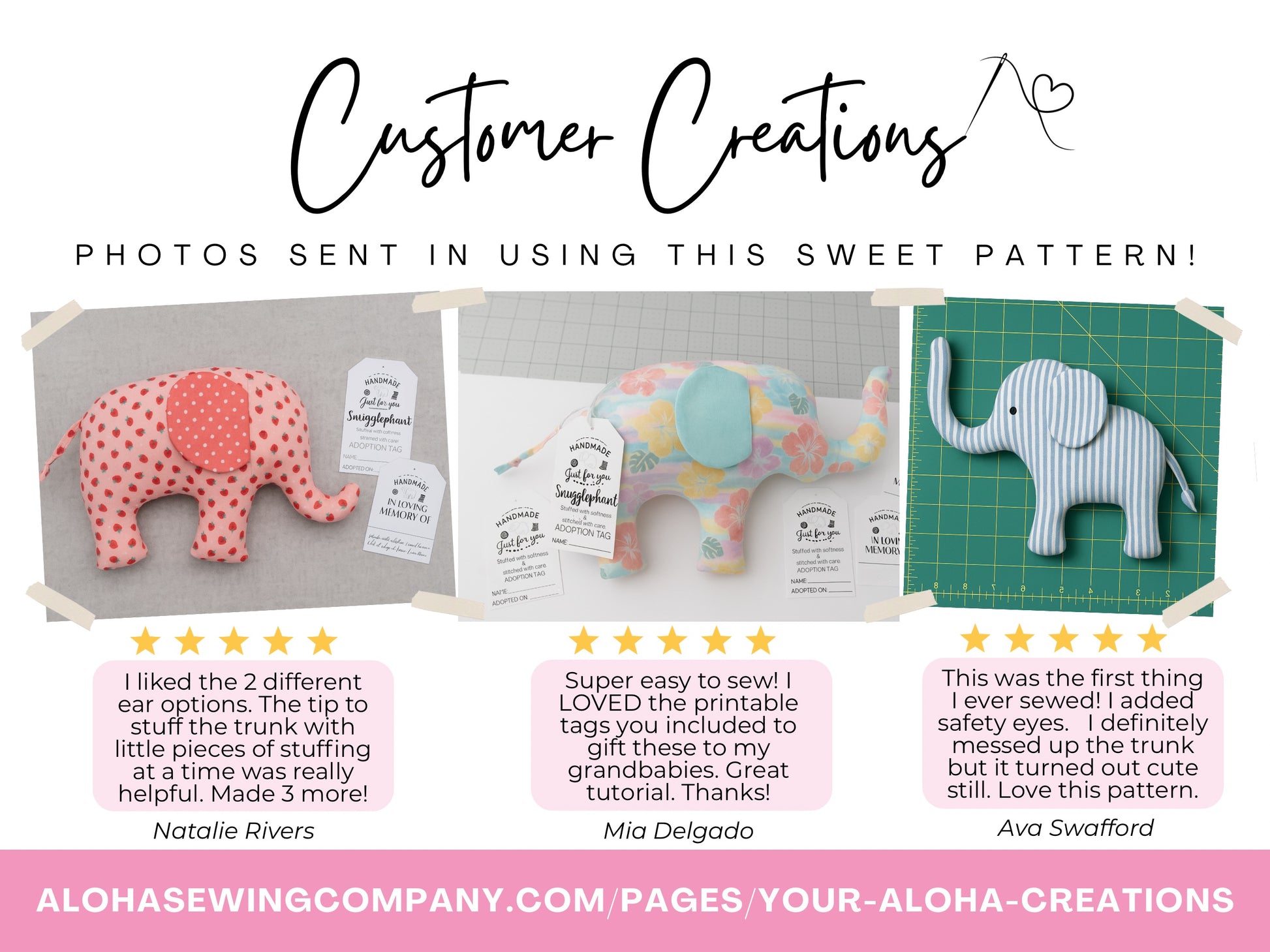 Aloha sewing company elephant plush stuffed animal keepsake Snugglephant sewing pattern pdf printable customer creations