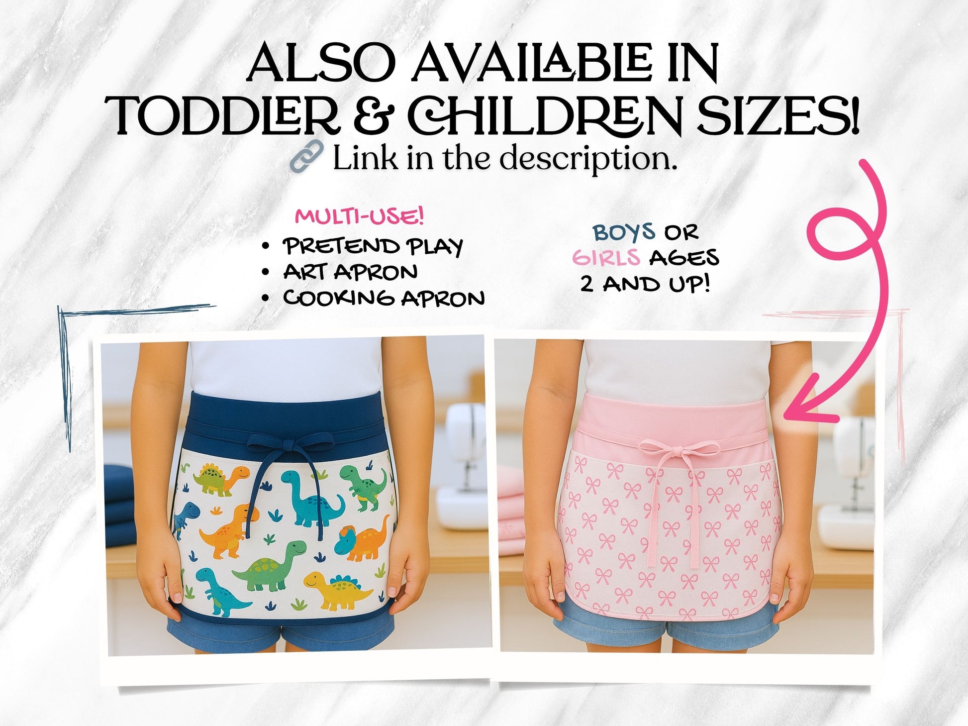 Pink and white half apron with bow print, handmade for kids, shown flat with sewing tools in pocket, cooking utensils in pocket, pdf sewing pattern for apron, easy gift to sew