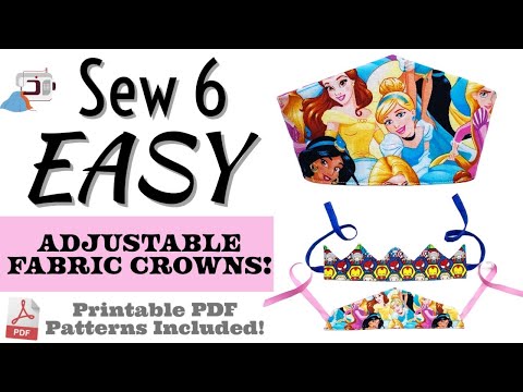 How to sew easy beginners DIY fabric crowns for birthday party favors, princess or prince, king or queen fabric crowns collection by aloha sewing company. Tutorial video and printable sewing pattern included. Great Halloween or Renaissance crowns to sew.