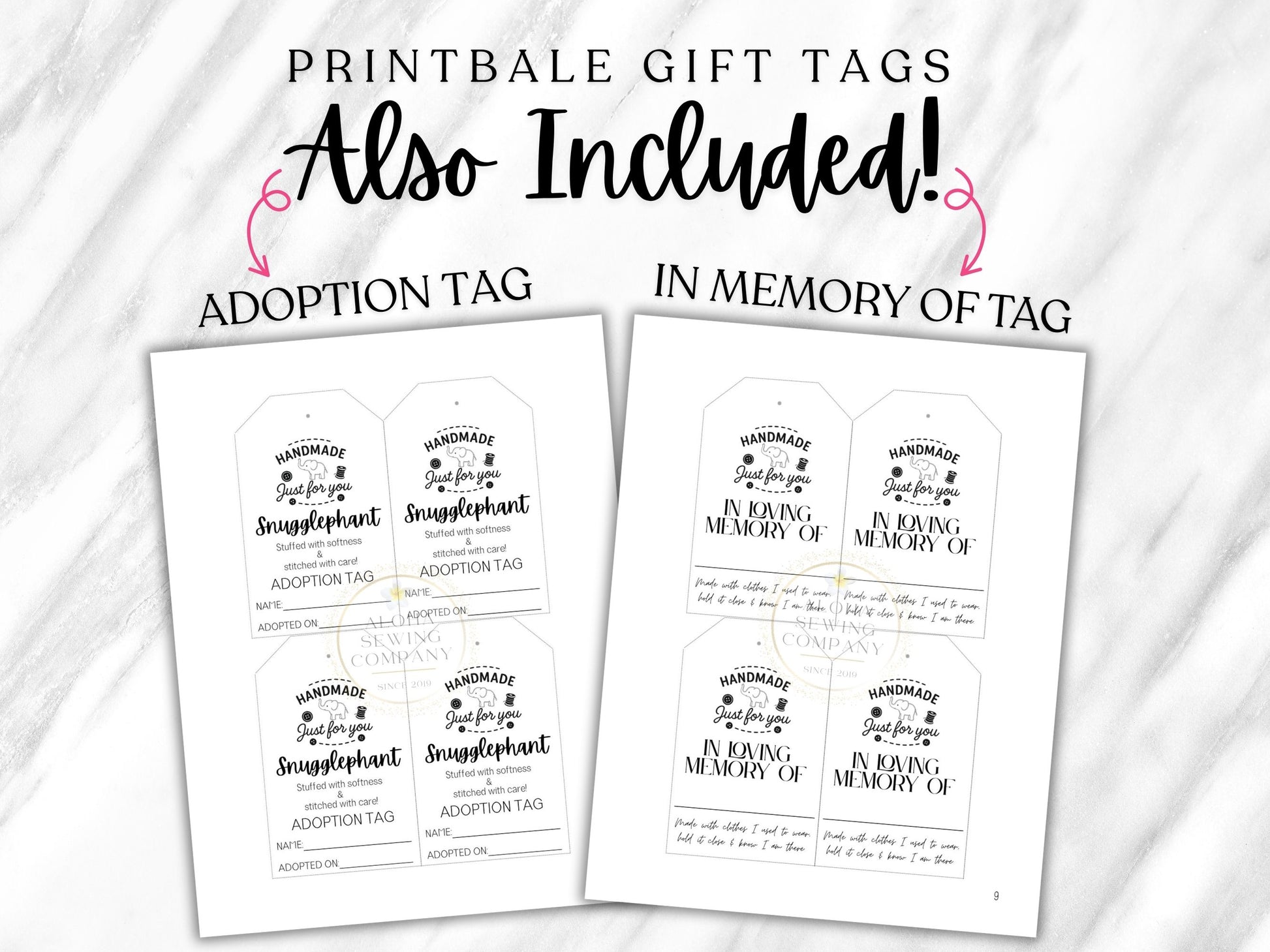 Handmade just for you tags, elephant sewing pattern, made in loving memory of, keepsake printable tags