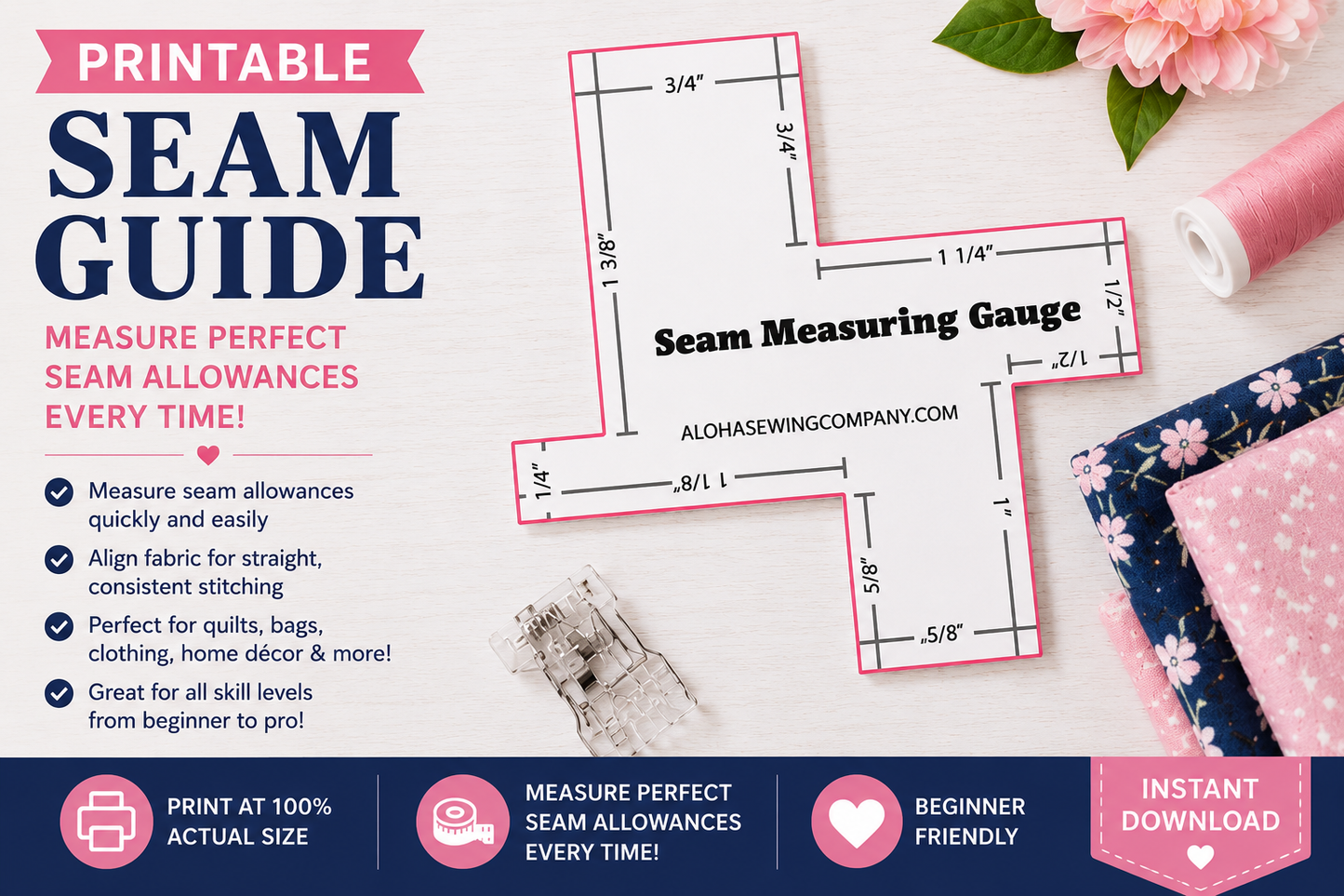 Printable Seam Measuring Guide being used beside a sewing machine to accurately measure seam allowances before stitching.