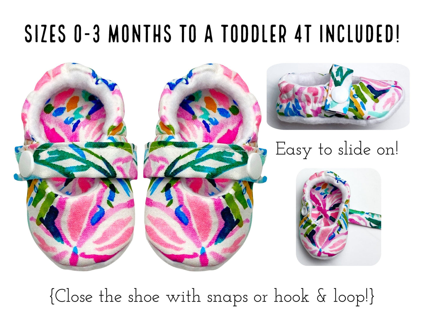 Fabric Mary Jane Shoes with Snaps Sewing Pattern PDF by Aloha Sewing Company, pink baby shoes for newborn girls, toddlers, toddler girl shoes sewing pattern for beginners, aloha sewing company