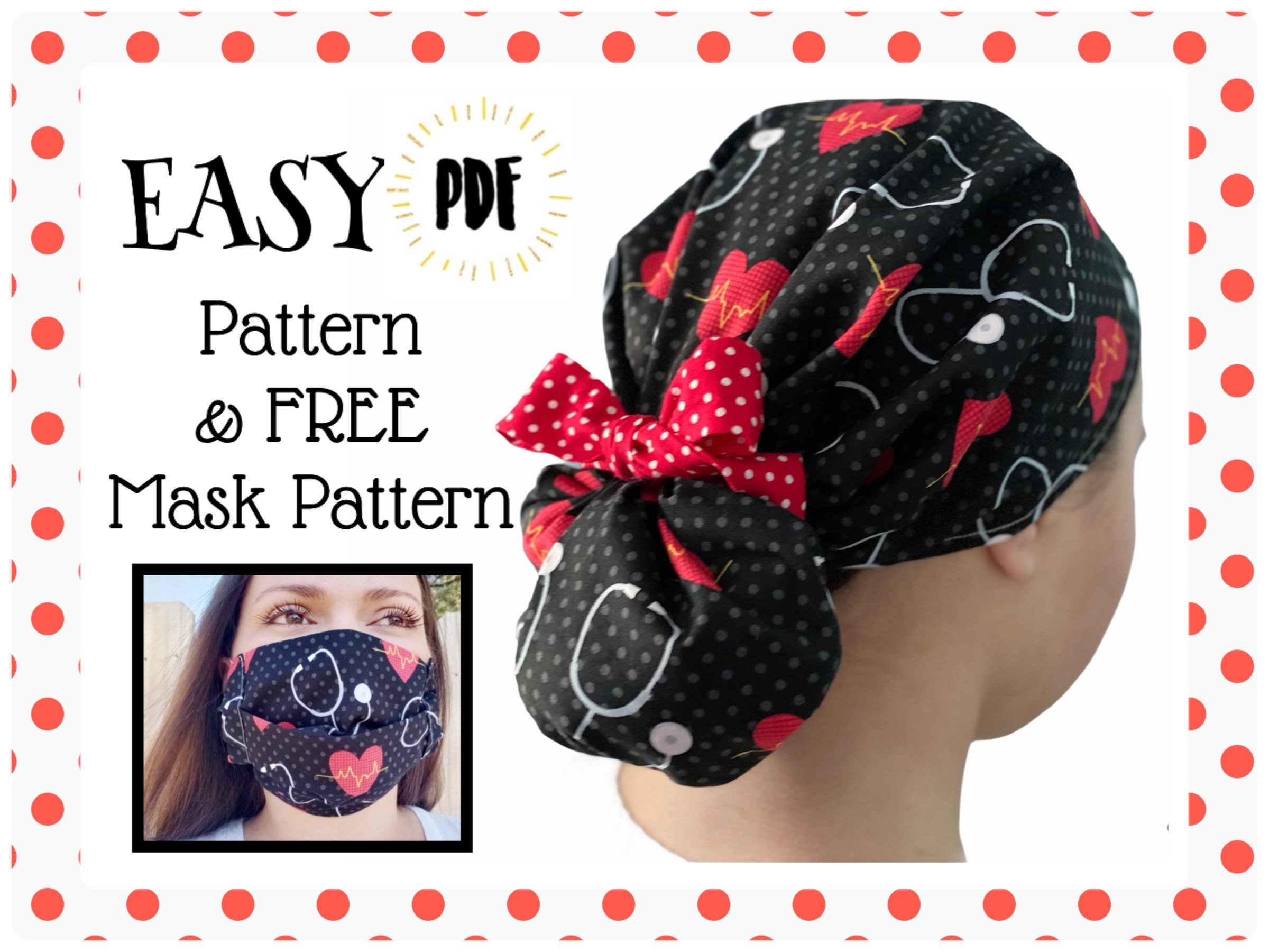 Drawstring scrub cap pattern and face mask pattern 5 sizes