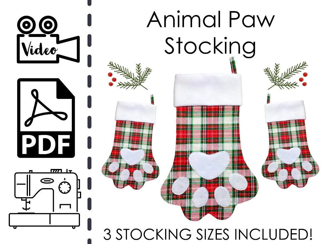learn to sew pet christmas stocking, animal christmas stockings, dog christmas stocking, cat christmas stocking, paw print stocking sewing pattern, how to sew a cat stocking, how to sew a cat shaped christmas stocking, paw stocking, pdf sewing pattern, sewing for beginners