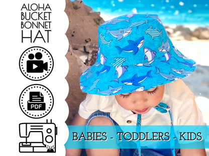 Easy bucket sun hat sewing pattern, diy babies bucket hat with straps, chin ties, toddler bucket hat, how to sew a bucket hat for girls or boys by aloha sewing company. Easy DIY sewing tutorial video and printable pattern.