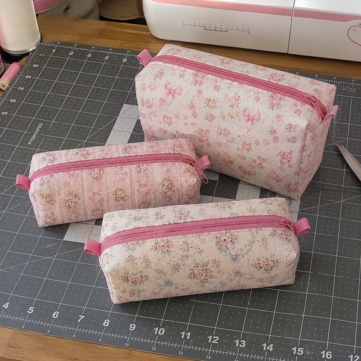 Three fabric zippered pencil cases with pink floral prints and pink zippers, arranged on a gray cutting mat on a wooden table. PDF Sewing Pattern and how to tutorial. 