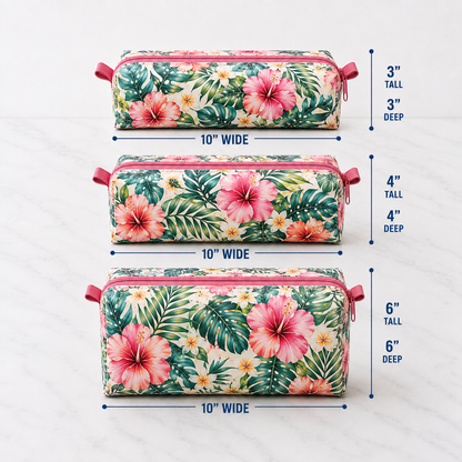 Assorted handmade boxy zipper bags featuring beginner-friendly sewing pattern designs for cosmetic bags, pencil pouches, travel organizers, toiletry bags, and storage pouches.