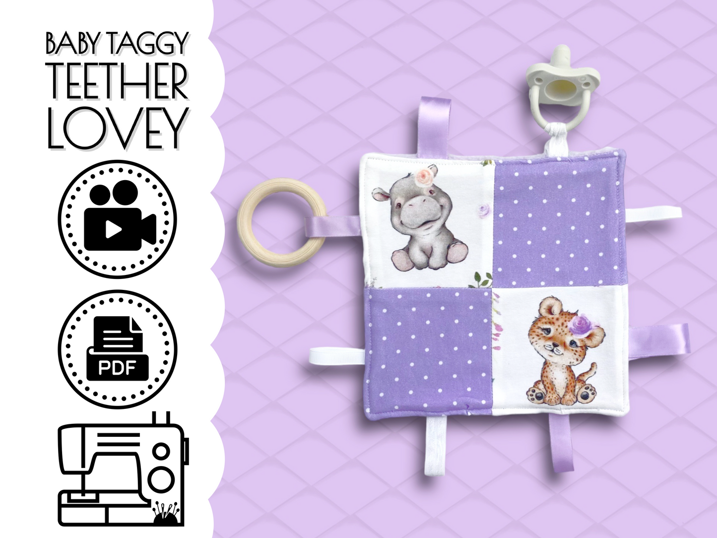 Baby Taggy Teether Lovey Blanket PDF Sewing Pattern and Tutorial Video, Pacifier Holder, Fabric Baby Toy, Fabric Teether, how to sew a diy