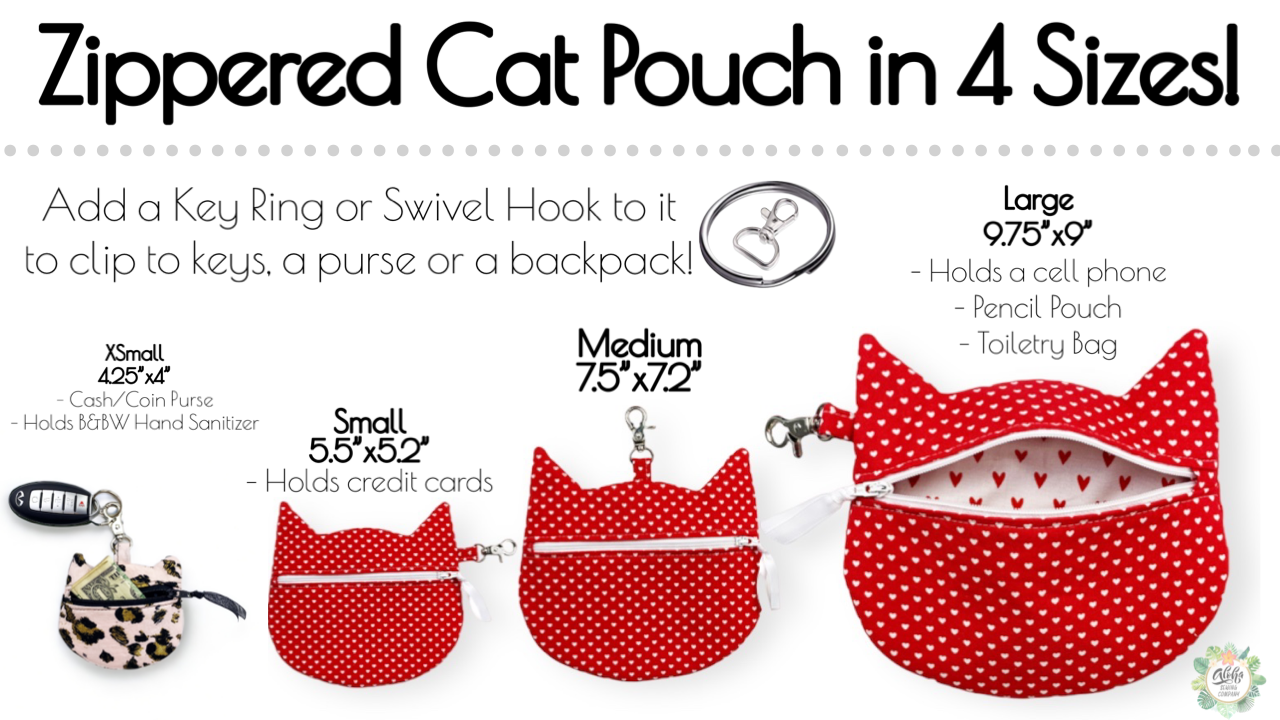 how to sew a zip cat pouch, cat purse sewing pattern pdf, kitty cat sewing tutorial video by aloha sewing company, cats pencil pouch