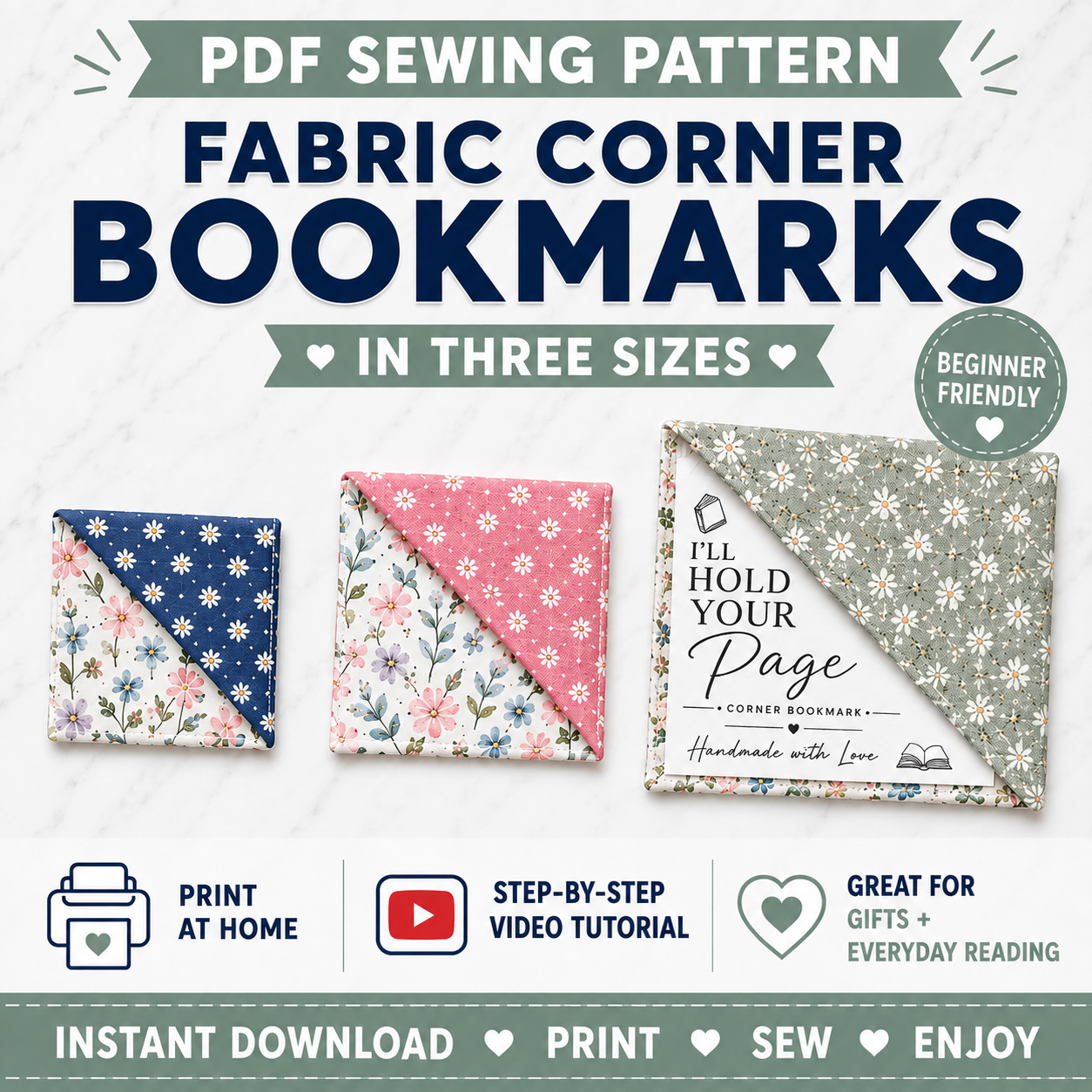 Fabric Corner Bookmark | PDF Sewing Pattern in 3 Sizes