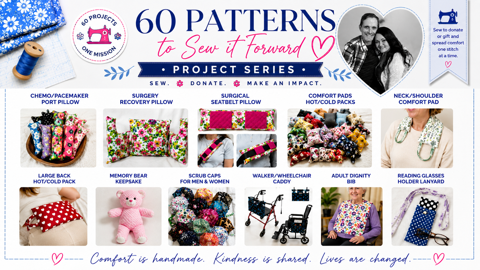 60 Patterns to Sew It Forward by Aloha Sewing Company featuring easy beginner PDF sewing patterns with printable templates, step-by-step instructions, and video tutorials for handmade gifts, memory keepsakes, and charity sewing projects.