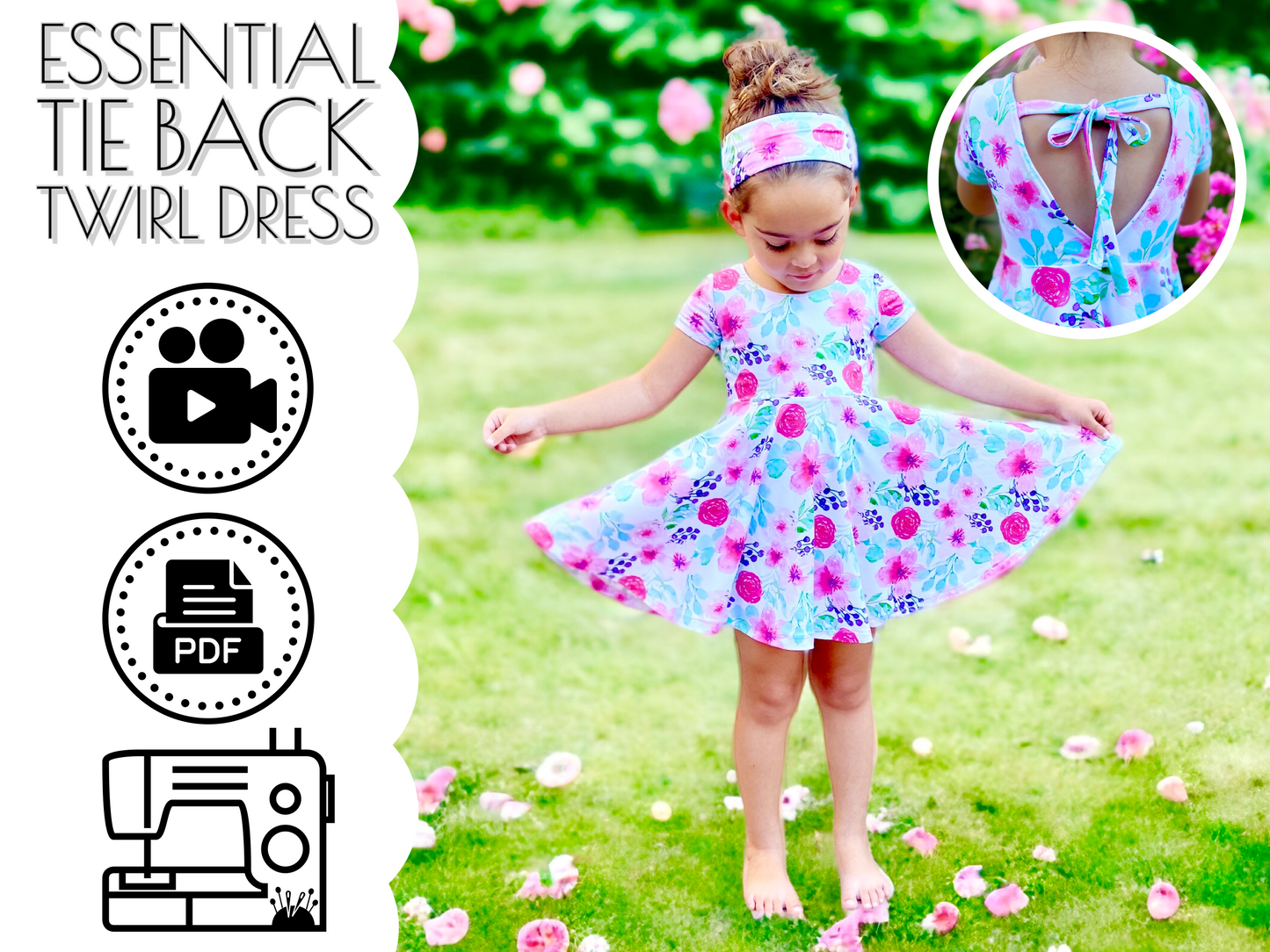 baby and girls tie back twirl dress sewing pattern for beginners with an open back that ties. Sew with a regular sewing machine or a serger!