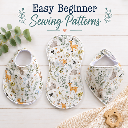 Baby bib and burp cloth PDF sewing pattern bundle featuring a traditional baby bib, boutique burp cloth, and bandana bib in coordinating Hawaiian baby fabric.