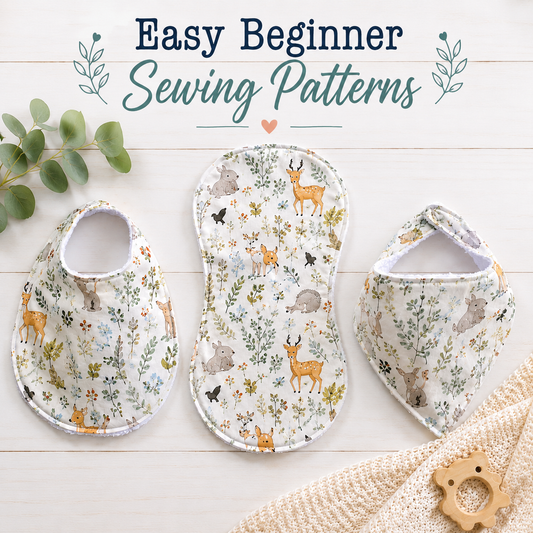 Baby bib and burp cloth PDF sewing pattern bundle featuring a traditional baby bib, boutique burp cloth, and bandana bib in coordinating Hawaiian baby fabric.