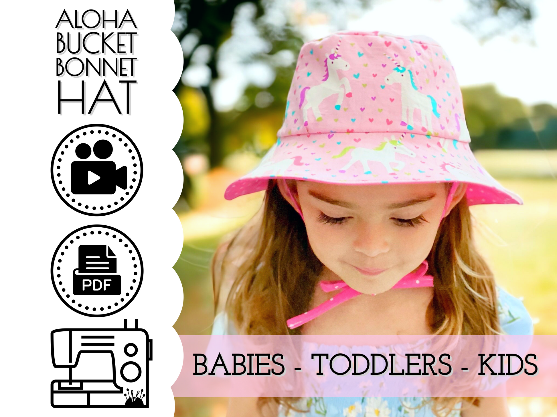 Easy bucket sun hat sewing pattern, diy babies bucket hat with straps, chin ties, toddler bucket hat, how to sew a bucket hat for girls or boys by aloha sewing company. Easy DIY sewing tutorial video and printable pattern.