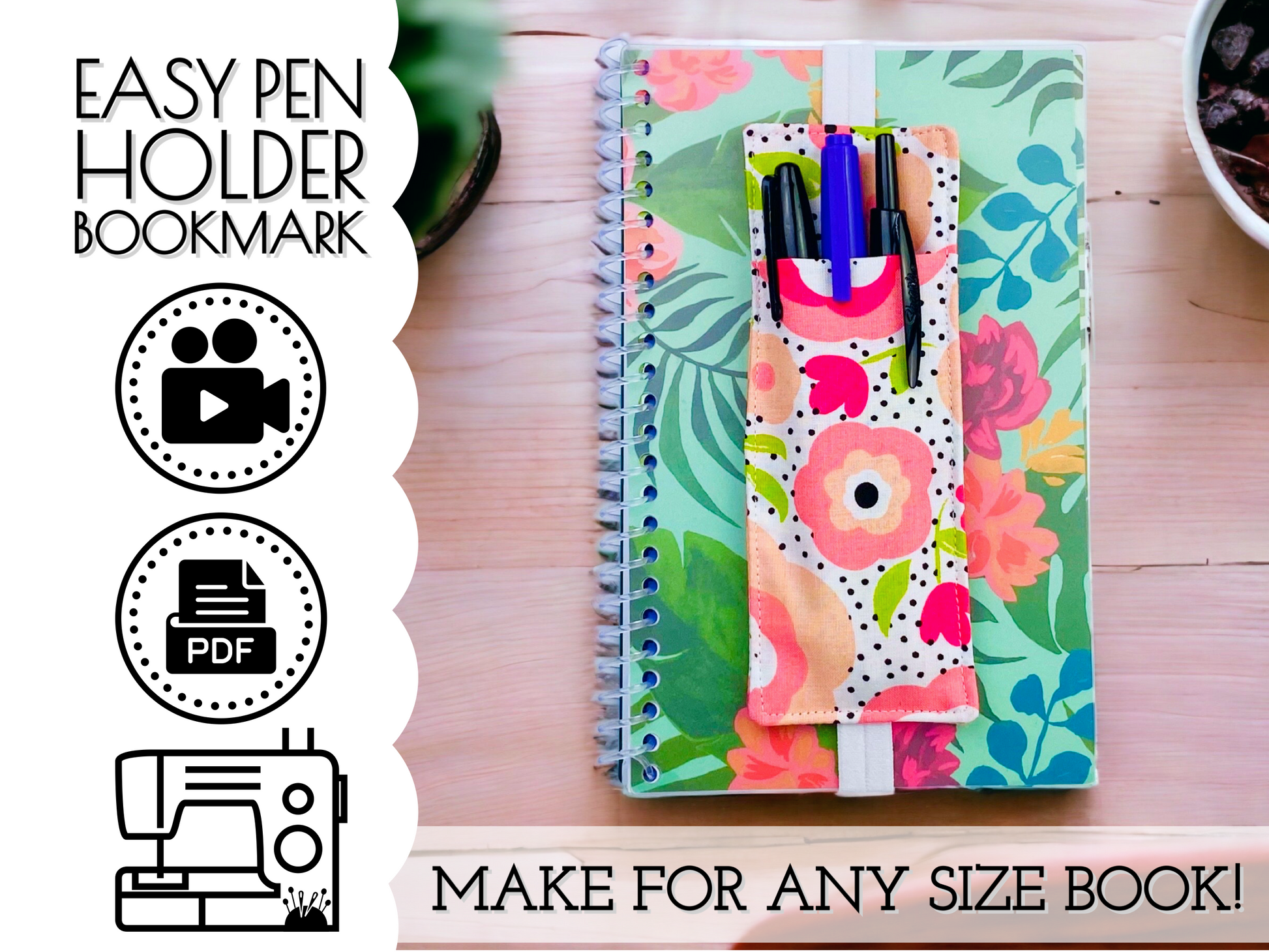 diy Fabric Pencil Holder Pouch Printable PDF Sewing Pattern for Books, planners, notebooks, composition books or binders by aloha sewing company