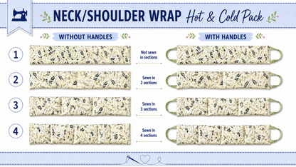 Neck and shoulder wrap sewing pattern showing one-piece, two-section, three-section, and four-section design options with optional handles.