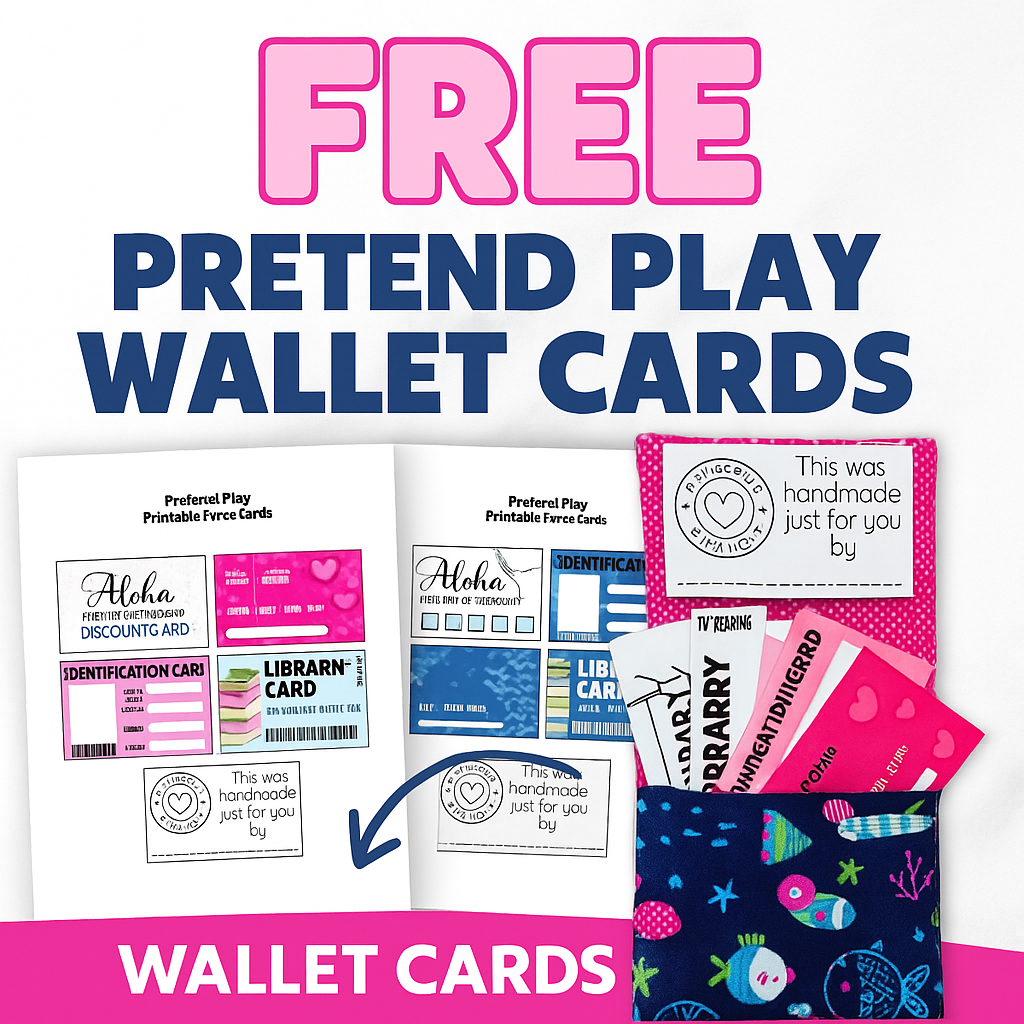Children’s pretend play wallet with printable ID, credit card, library card, and discount card shown on a marble surface