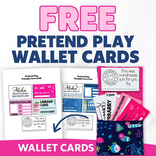Children’s pretend play wallet with printable ID, credit card, library card, and discount card shown on a marble surface