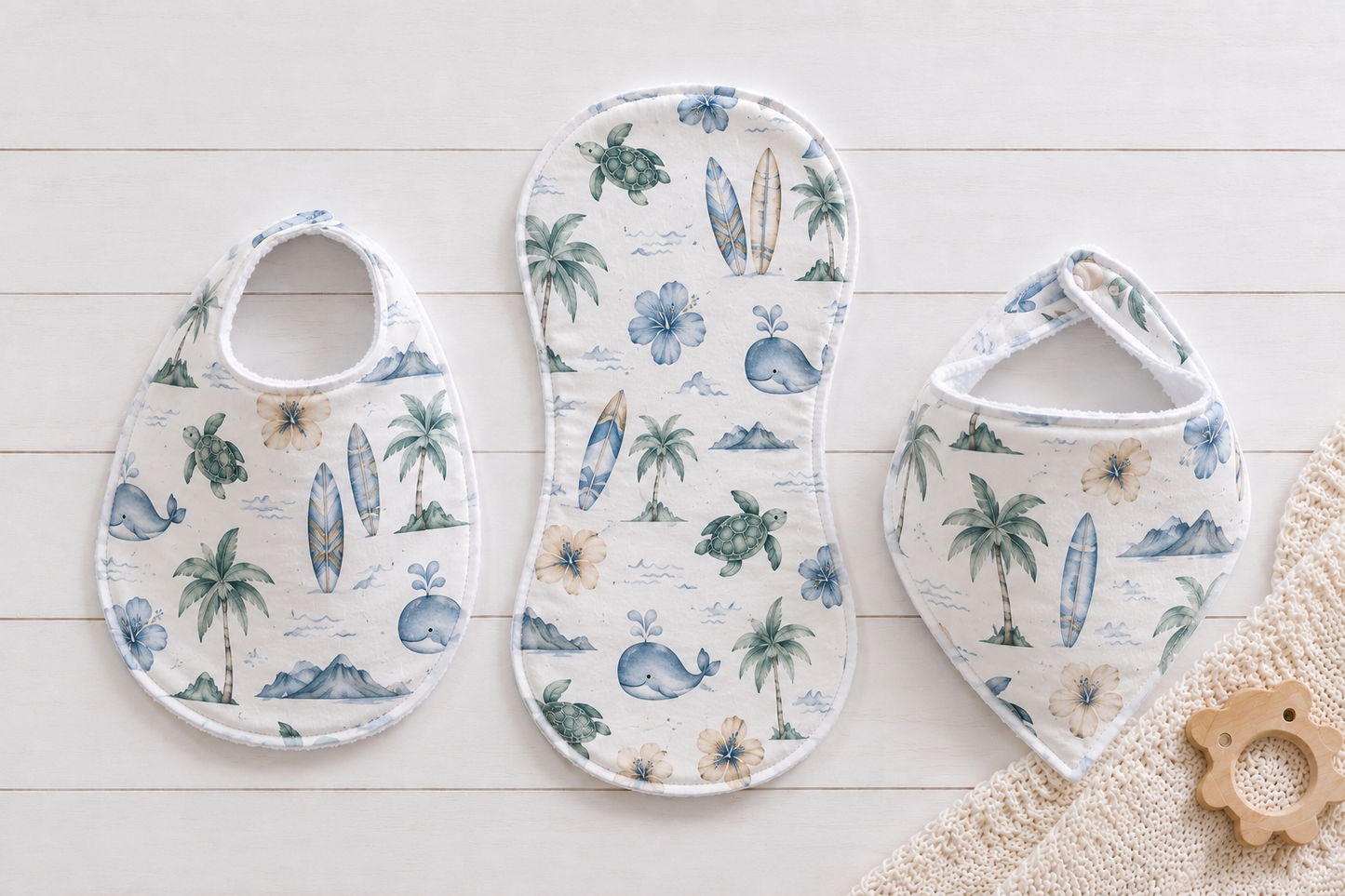 Handmade traditional baby bib, bandana bib, and boutique burp cloth made from a beginner-friendly PDF sewing pattern for newborns, babies, and toddlers.