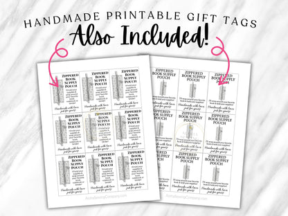 Beginner-friendly sewing pattern for a pink zippered pencil pouch with elastic, shown wrapped around school notebooks and a binder—perfect back-to-school supply case for pens, markers, and glue stick, aloha sewing company, bookmark, sewing tutorial video