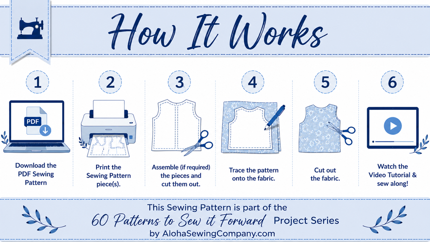 Printable PDF sewing pattern with instant download, print-at-home pattern pieces, written instructions, and step-by-step video tutorial.