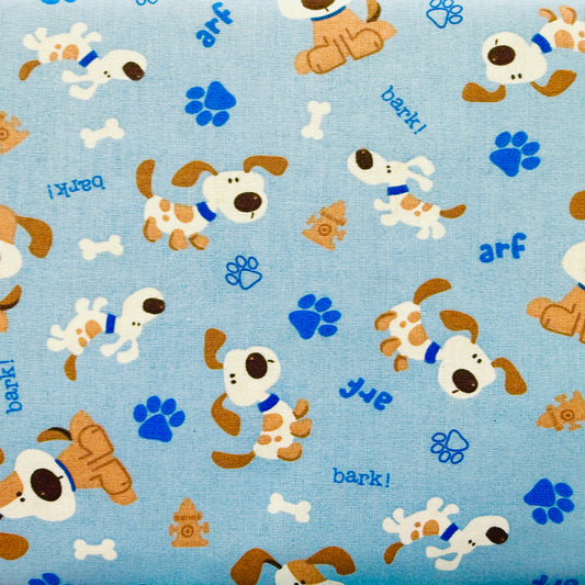 Blue Puppy Dogs Woof & Paw Prints | 100% Cotton Fabric