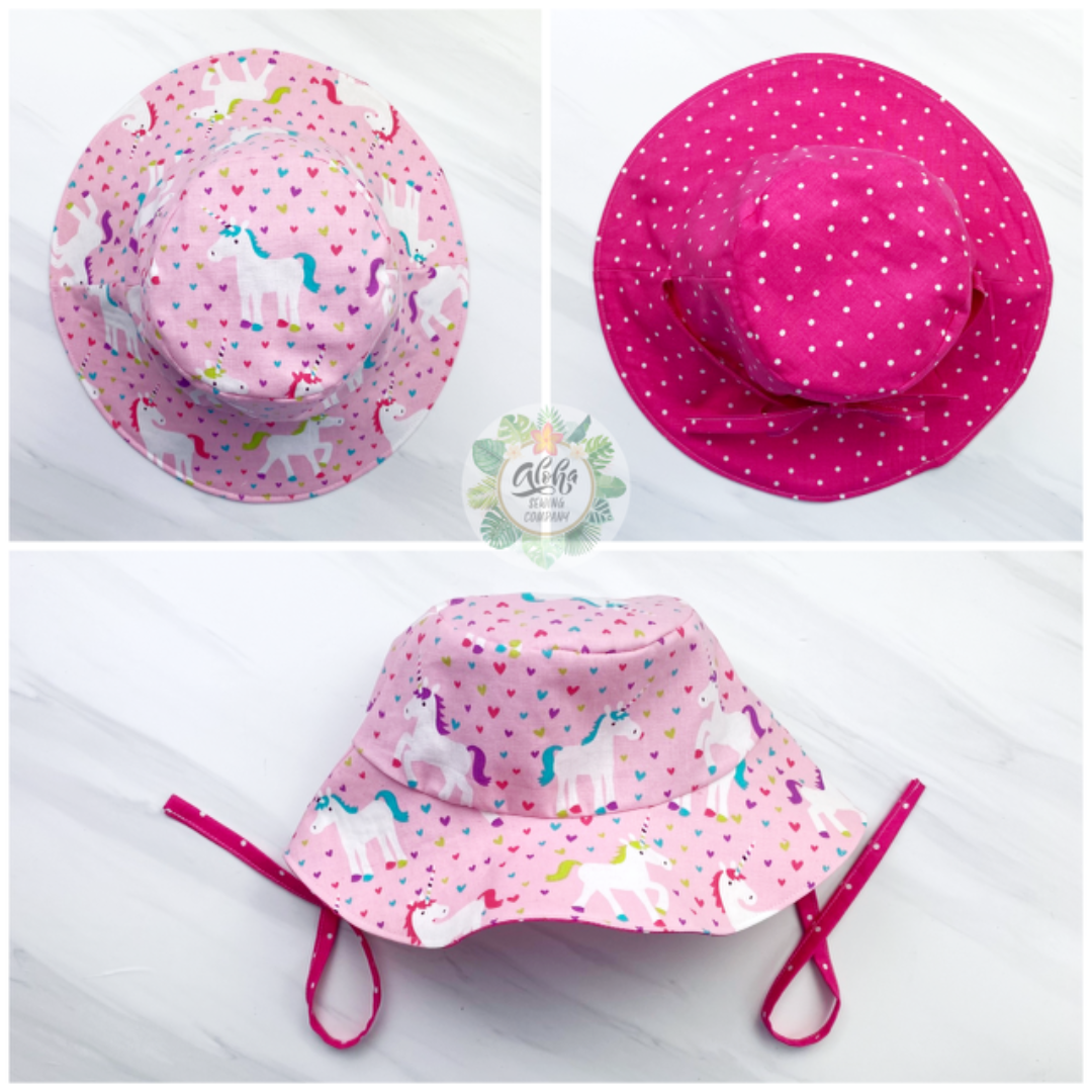 Easy bucket sun hat sewing pattern, diy babies bucket hat with straps, chin ties, toddler bucket hat, how to sew a bucket hat for girls or boys by aloha sewing company. Easy DIY sewing tutorial video and printable pattern.