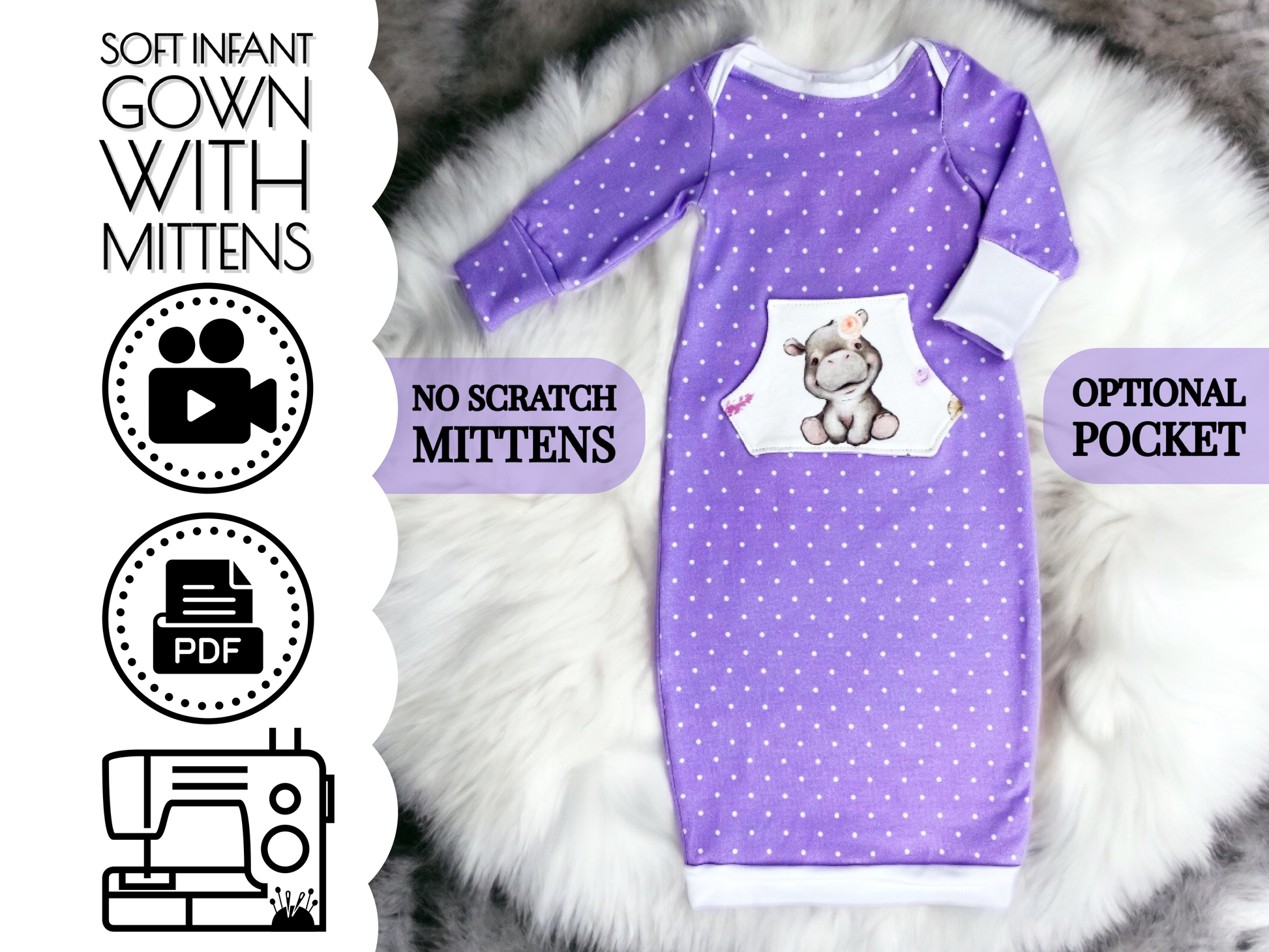 newborn baby gown sewing pattern with no scratch mittens, pdf printable aloha sewing company tutorial video